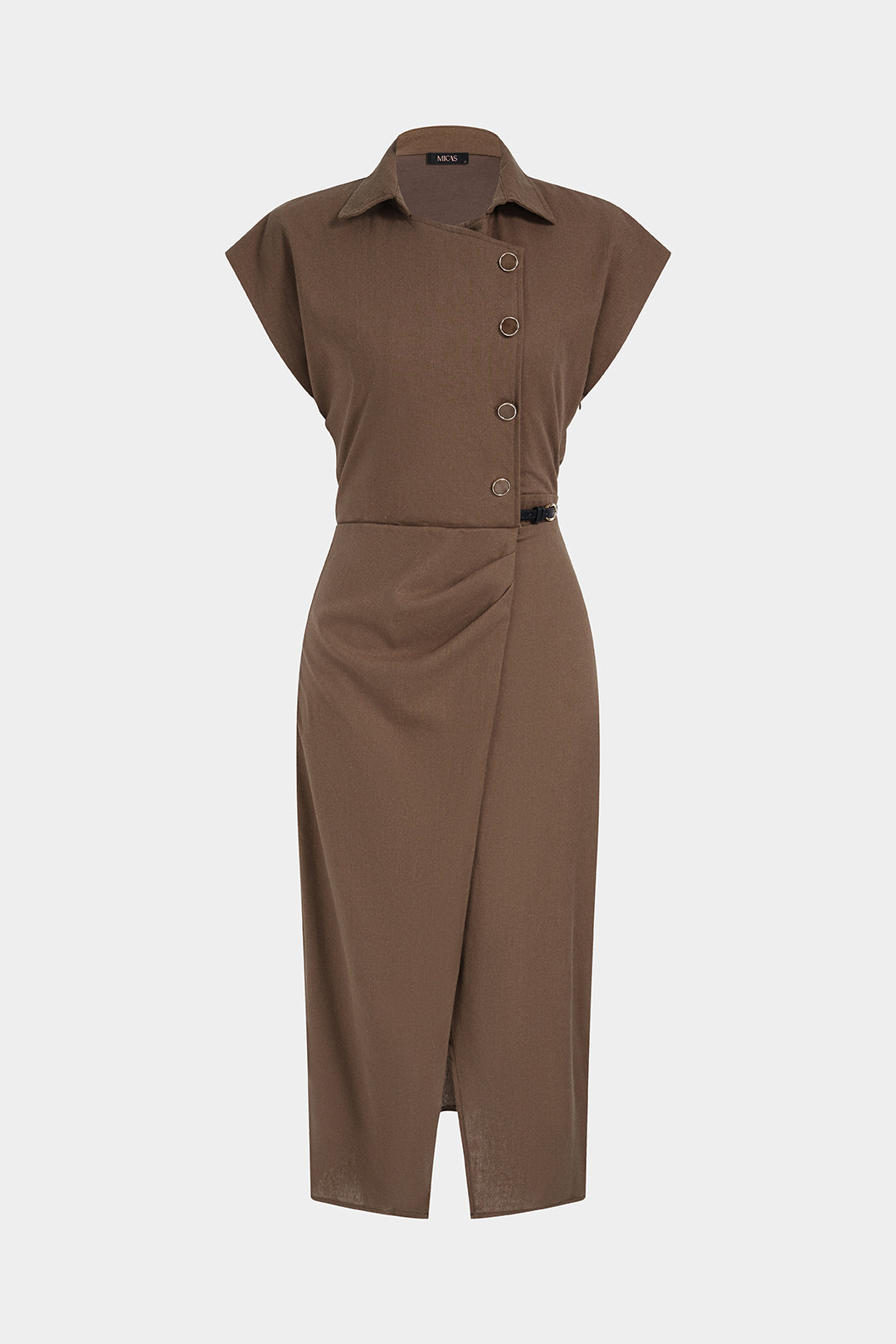 Asymmetrical Button Belted Slit Short Sleeve Midi Dress