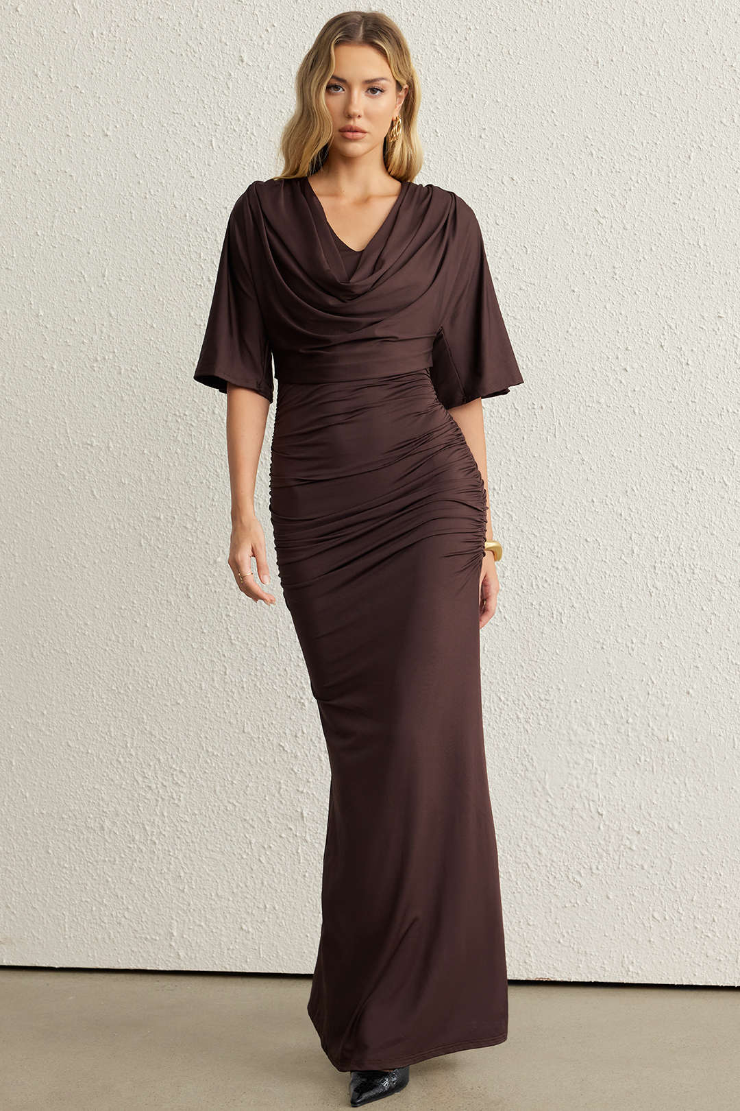 Draped Cowl Neck Short Sleeve Maxi Dress