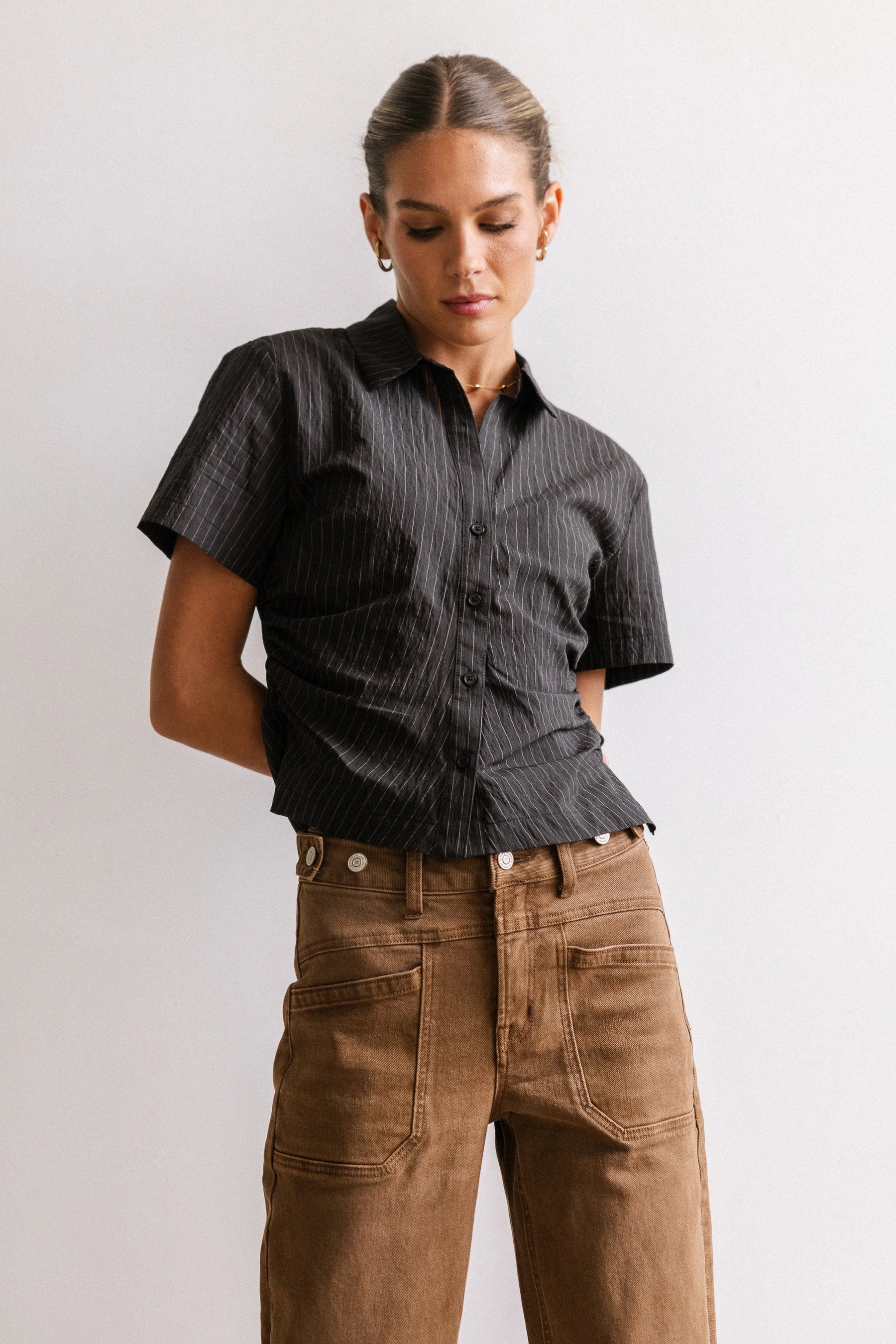 Brandy Ruched Button Up in Black