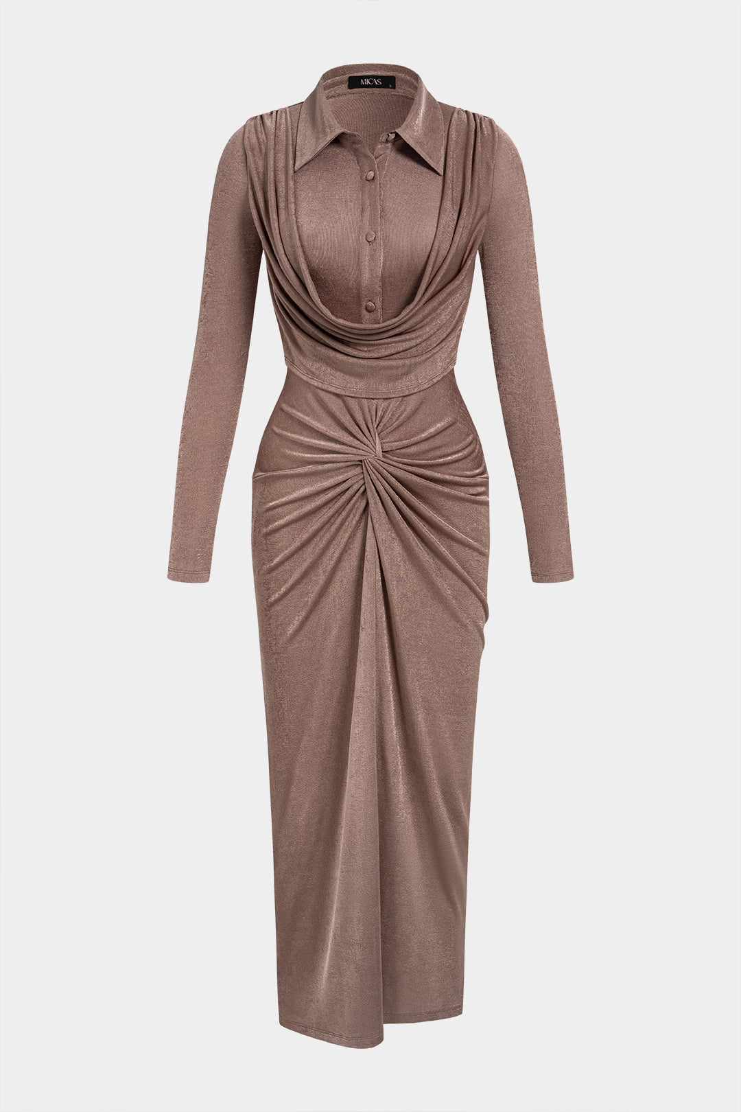 Lapel Twist Knot Ruched Button Long Sleeve Maxi Dress