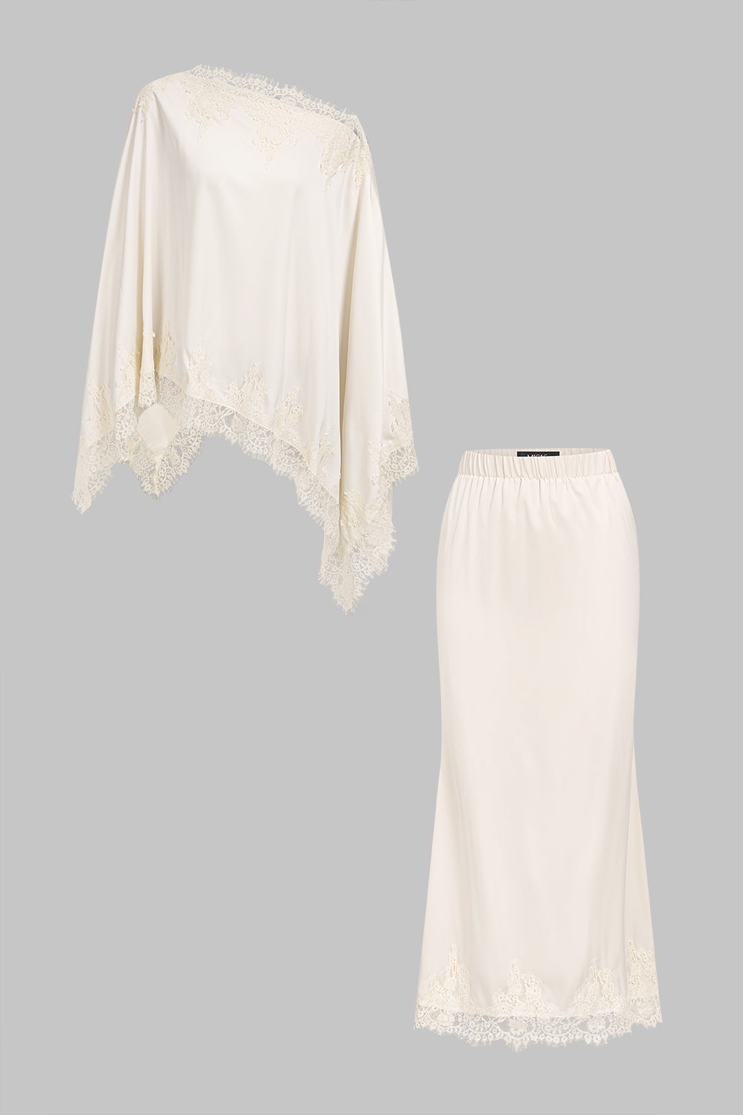 Lace Trim Patchwork Shawl And Shirred Waistband Skirt Set