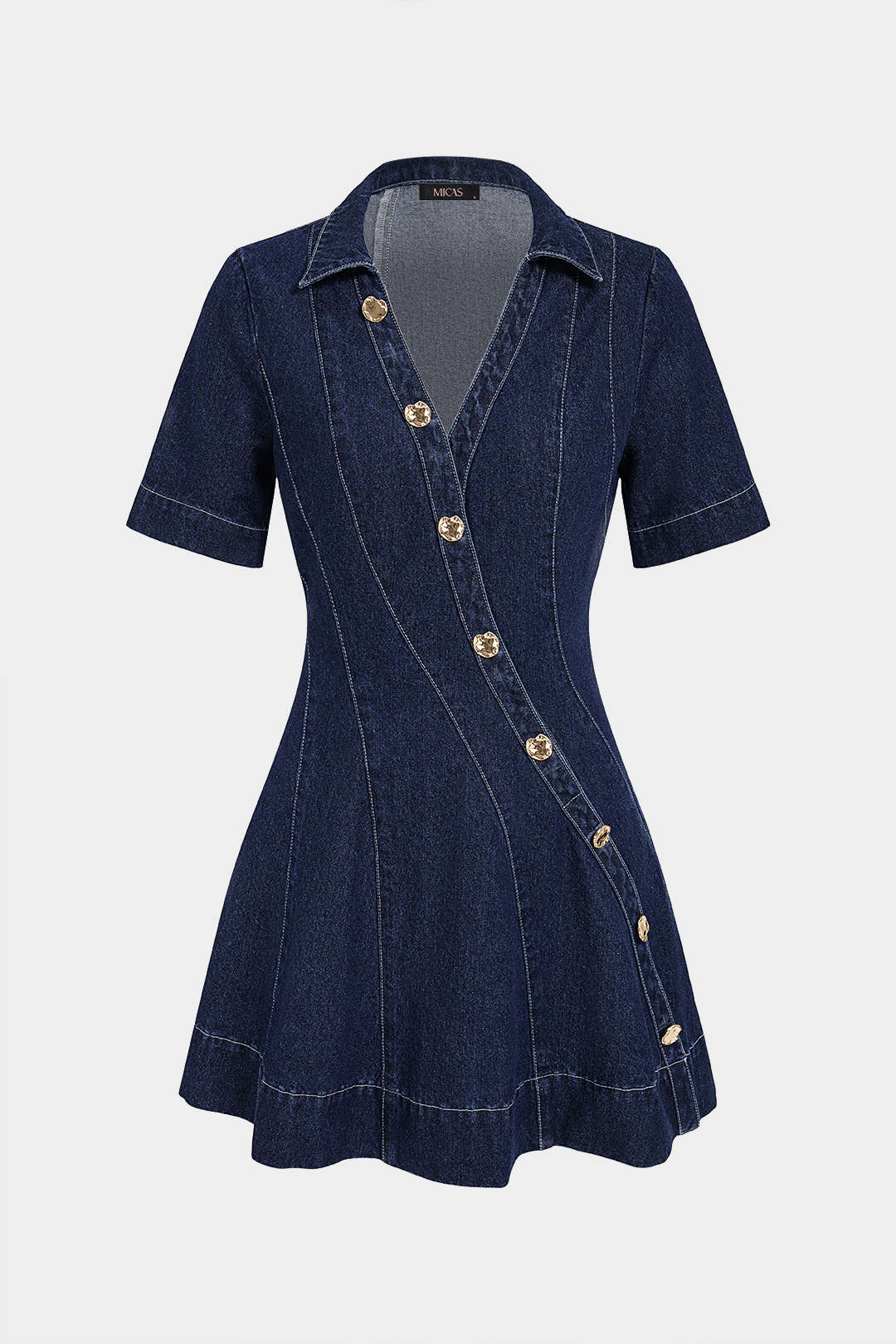 Denim V-Neck Asymmetrical  Button Stitching Short Sleeve Mini Dress
