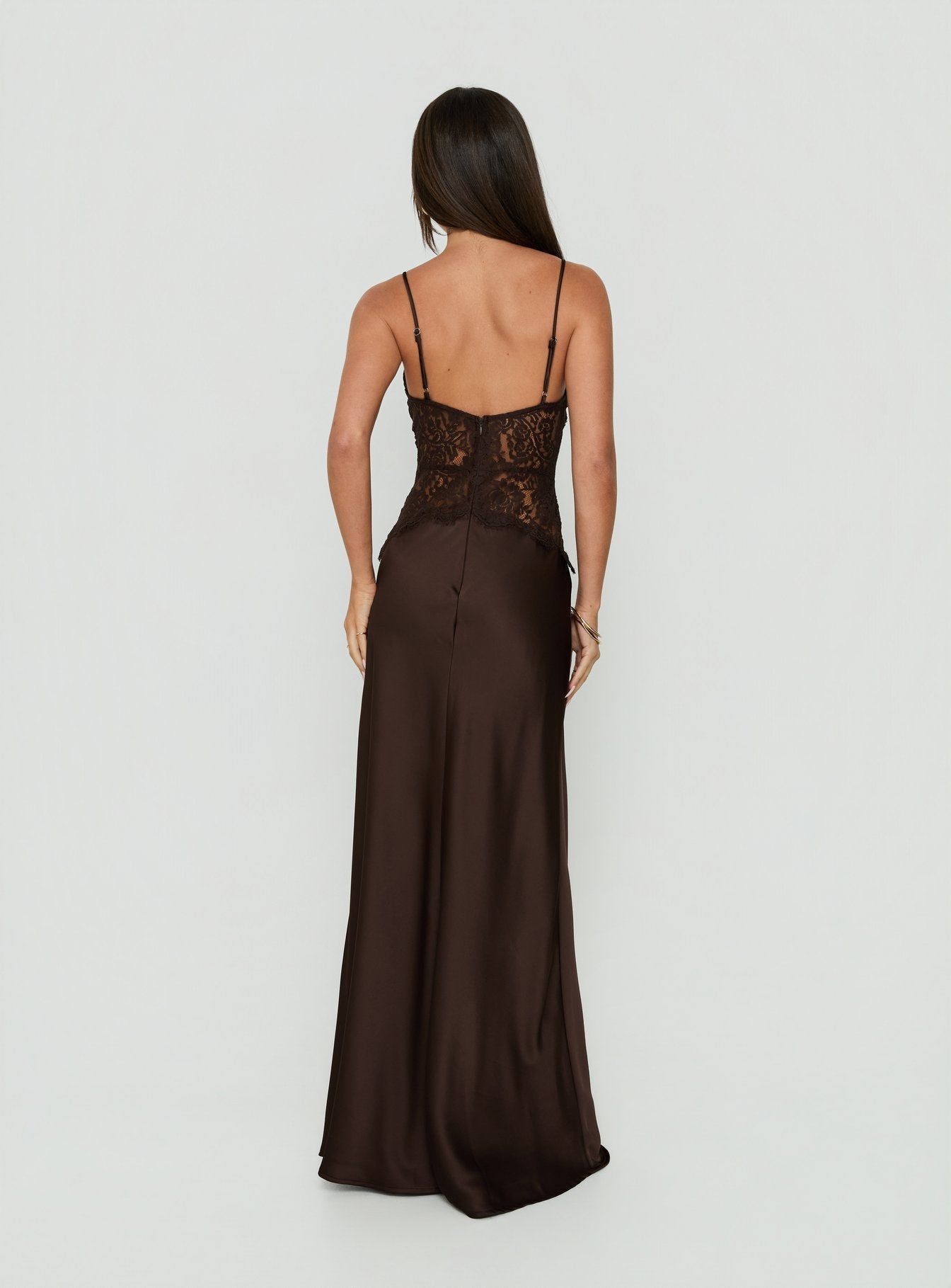 Kylenn Lace Panel Satin Maxi Dress Chocolate