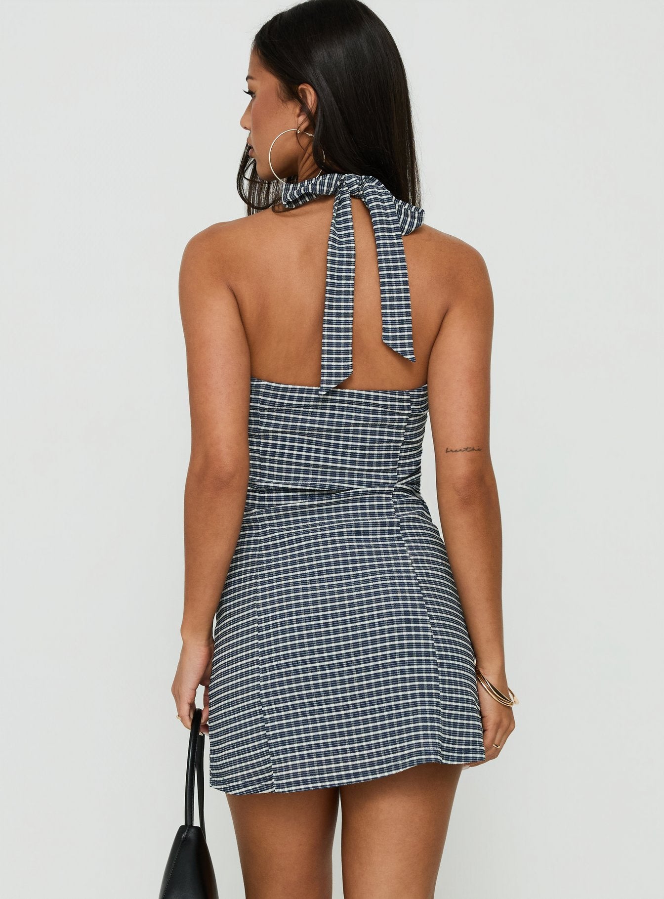 Fabrizia Halter Lace Trim Mini Dress Navy Check