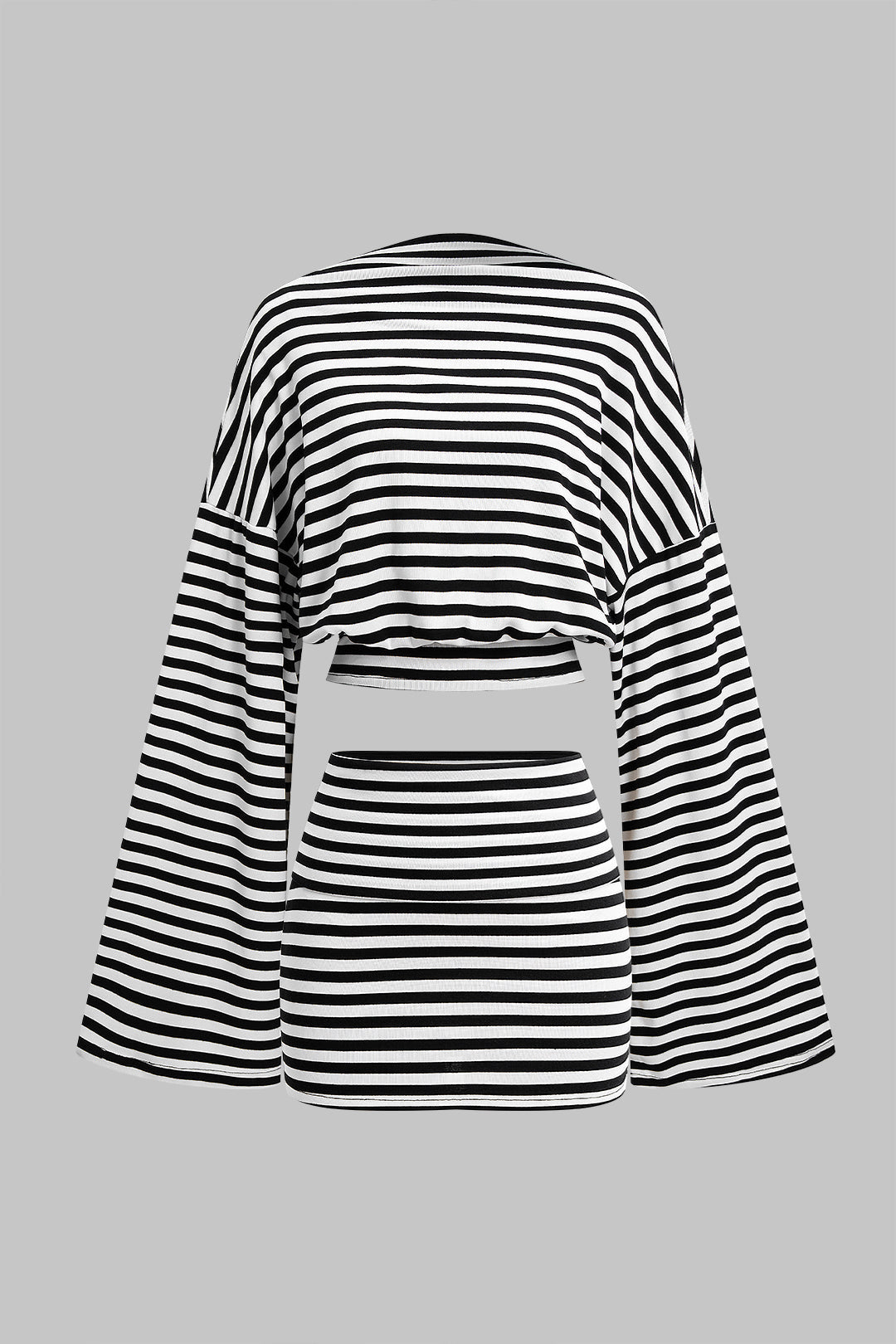 Stripes Print Bell Long-Sleeve Top And Mini Skirt Set