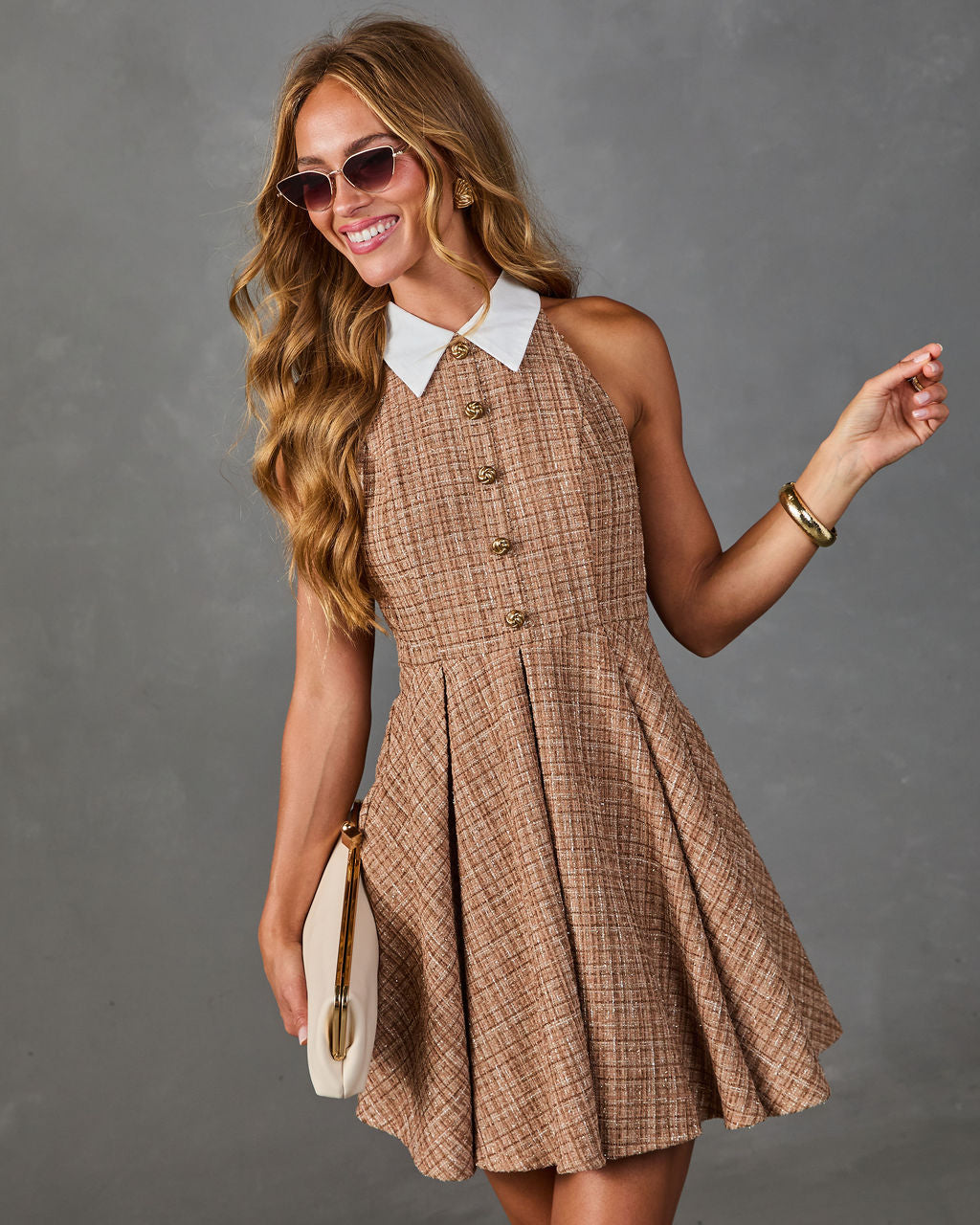 Quiet Keepsake Collared Tweed Mini Dress