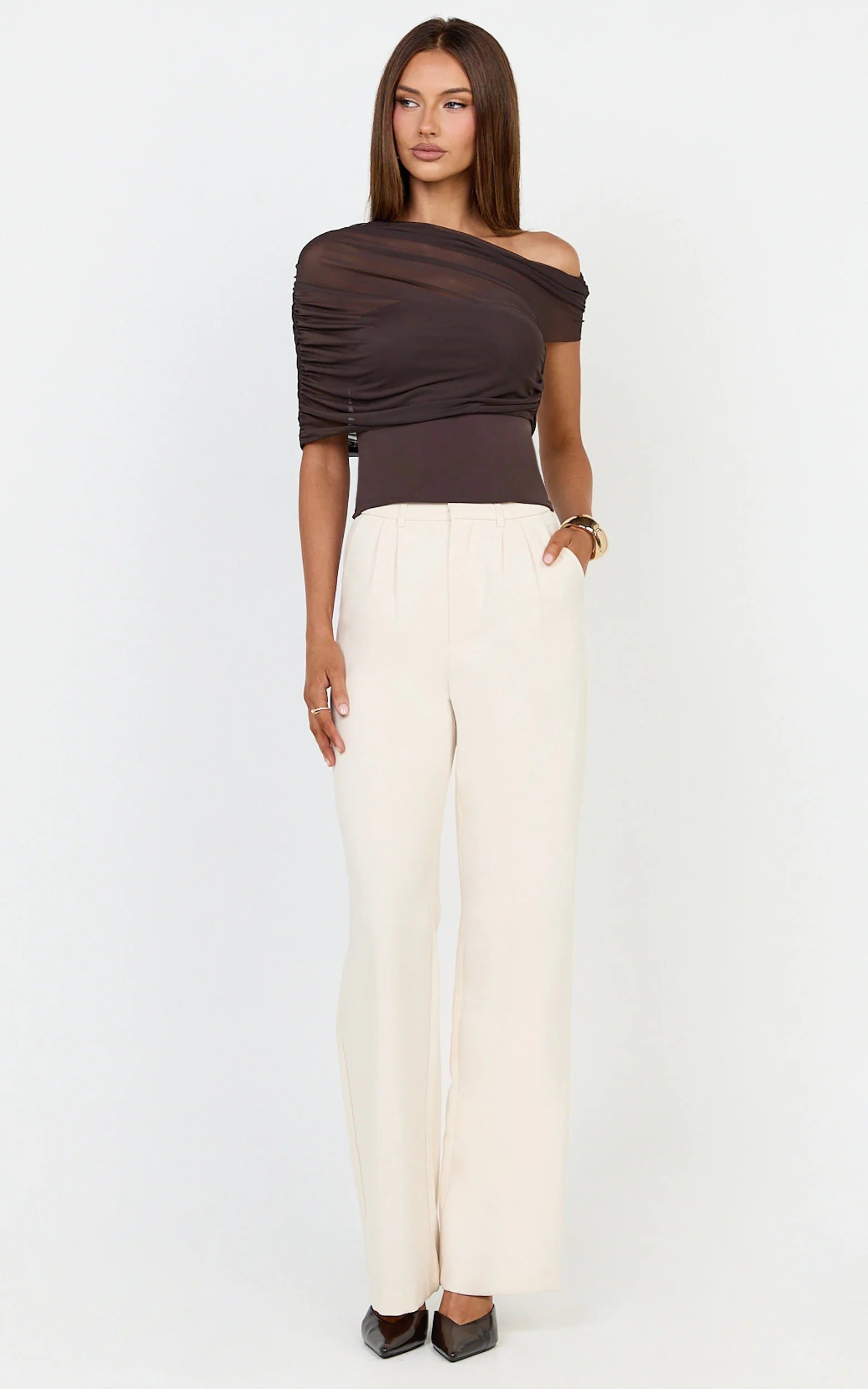 Sophia Top - Draped One Shoulder Mesh Overlay Top in Chocolate