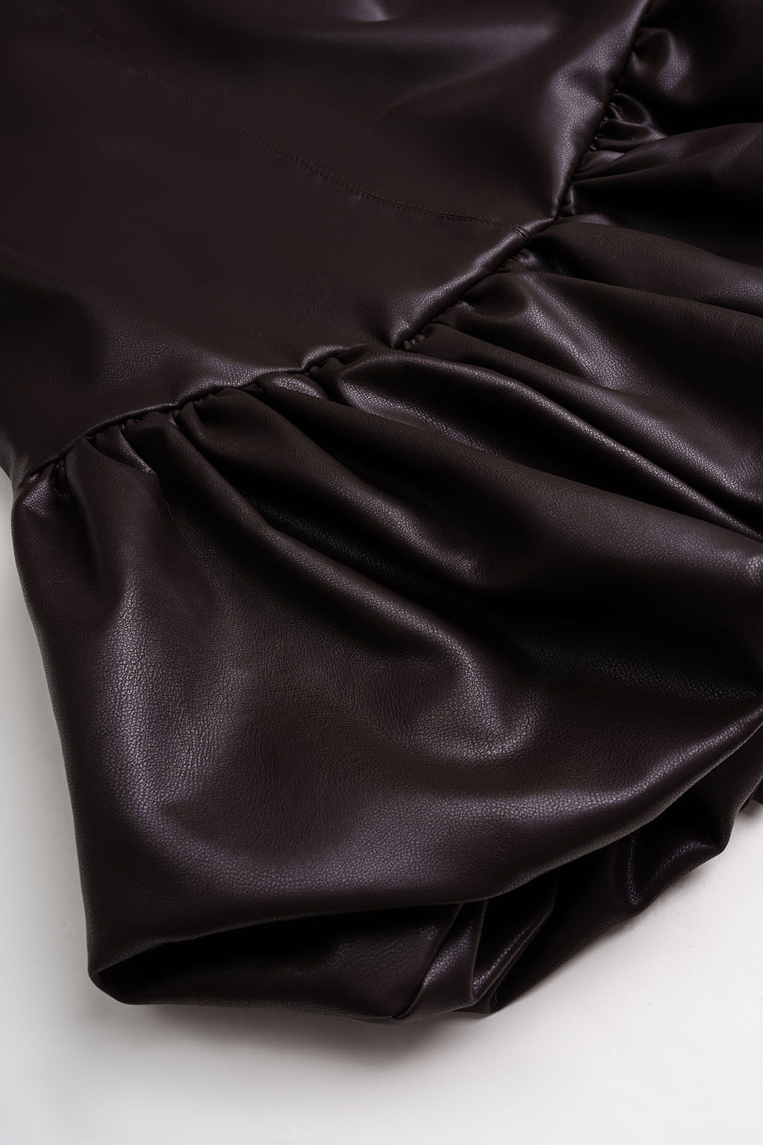 Faux Leather Round Neck Ruched Hem Sleeveless Mini Dress