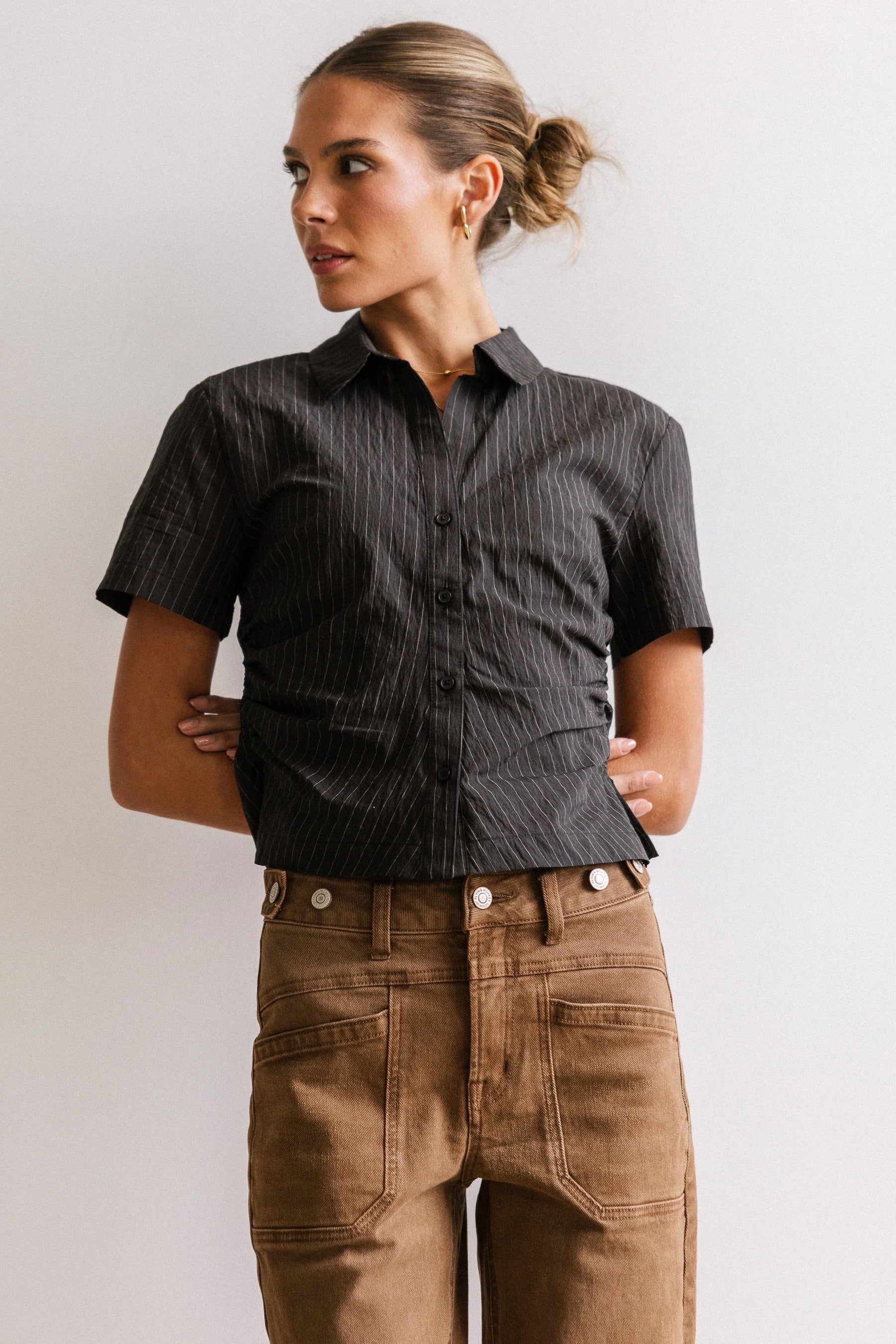 Brandy Ruched Button Up in Black