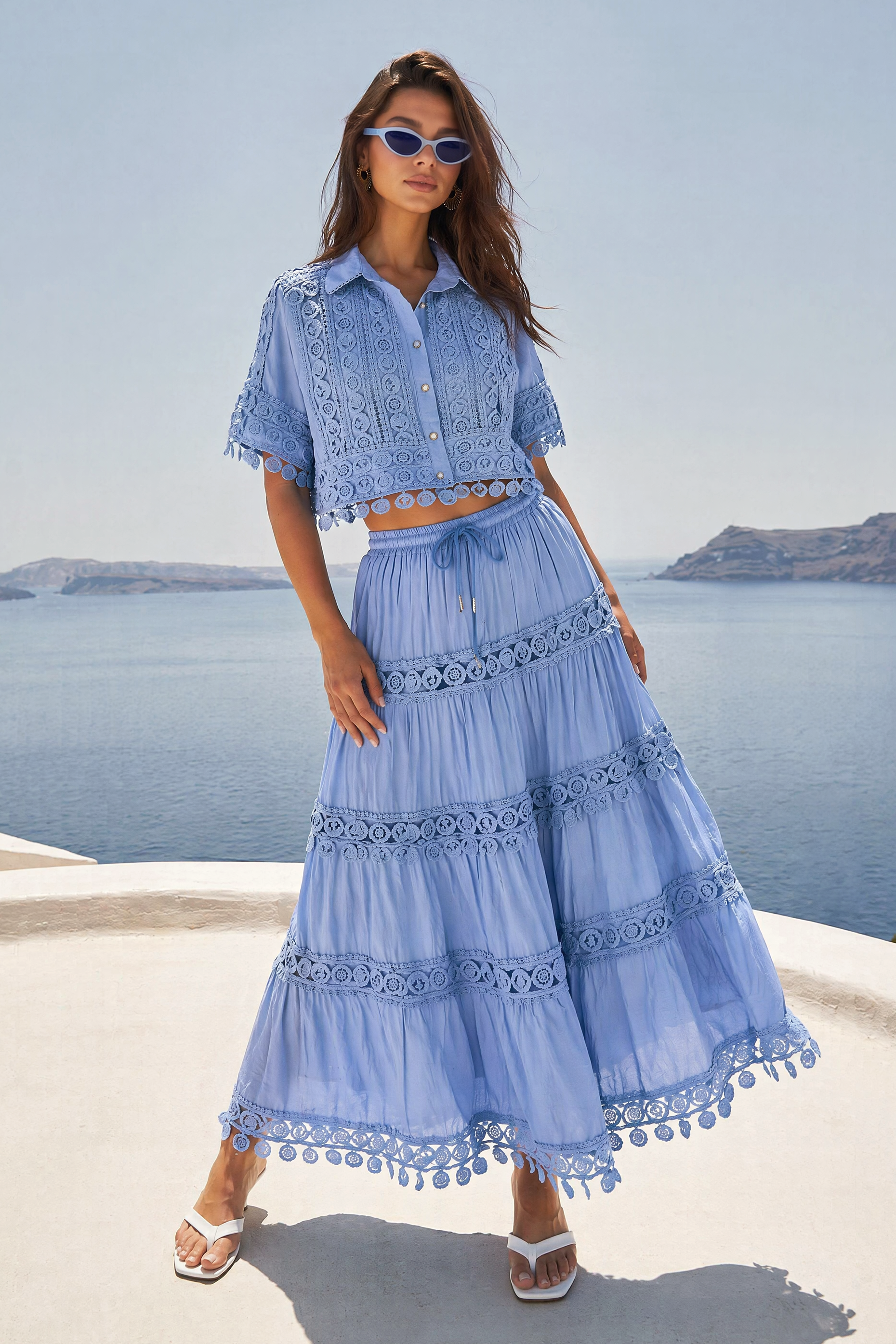 Lace Patchwork Short Sleeve Shirt And Tie-Up Ruched Skirt Set