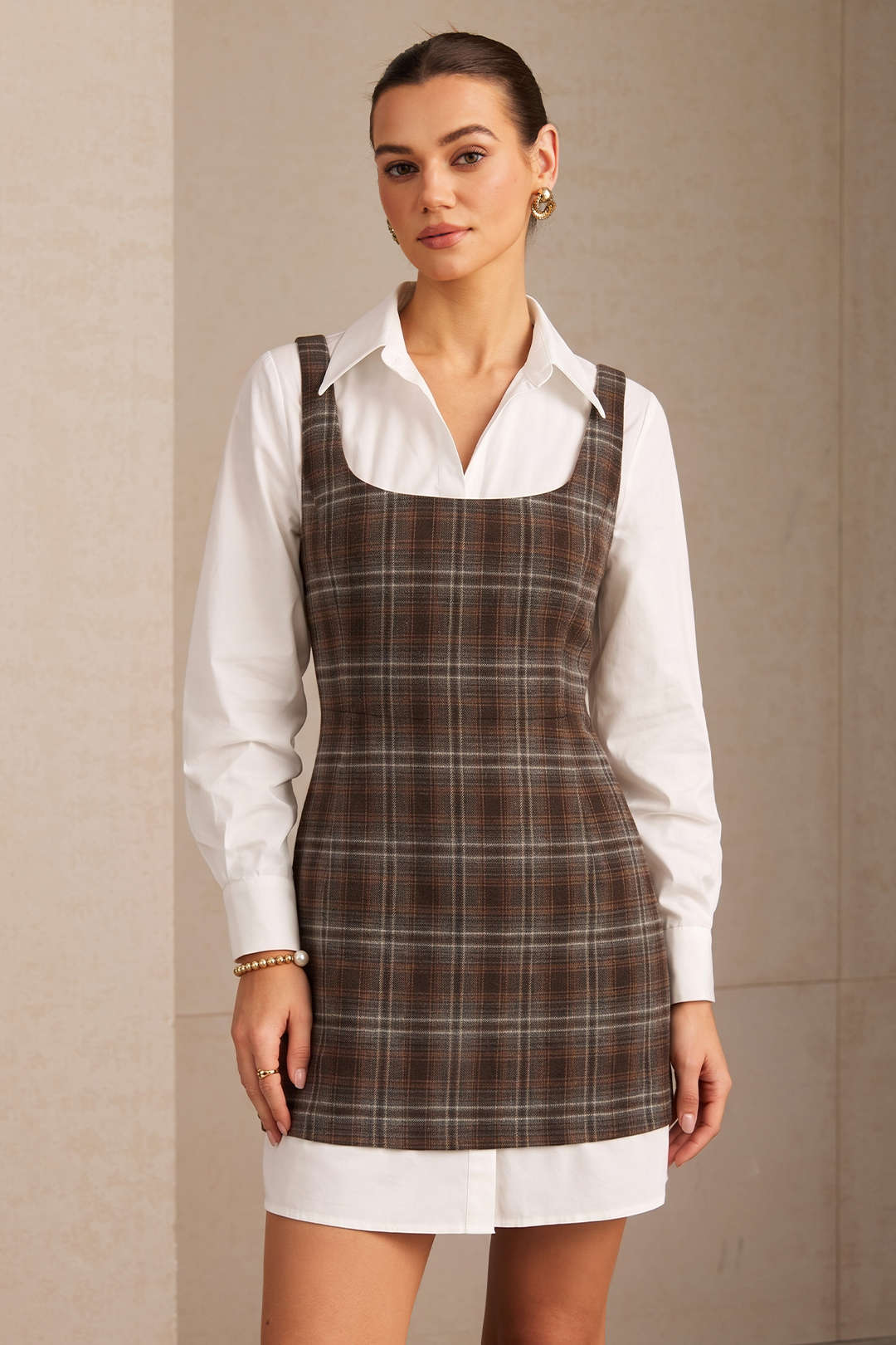Solid Long Sleeve Shirt And Plaid Print Mini Dress Set
