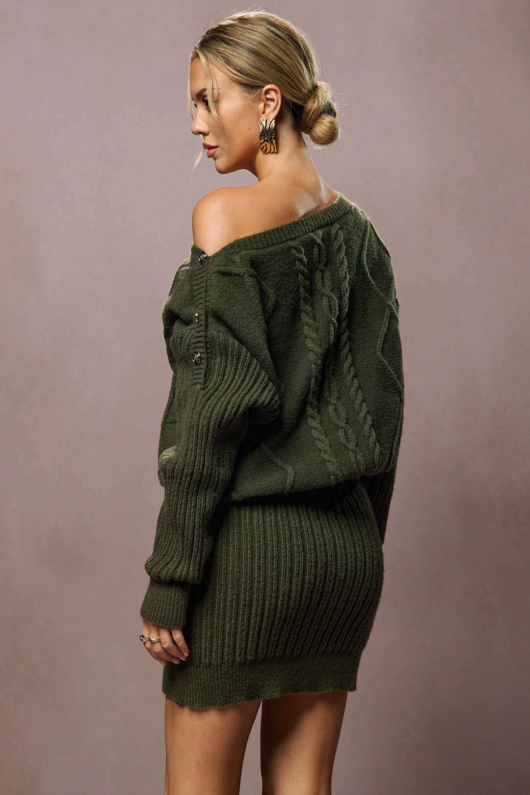 Knit One Shoulder Asymmetrical Metallic Button Long Sleeve Mini Dress