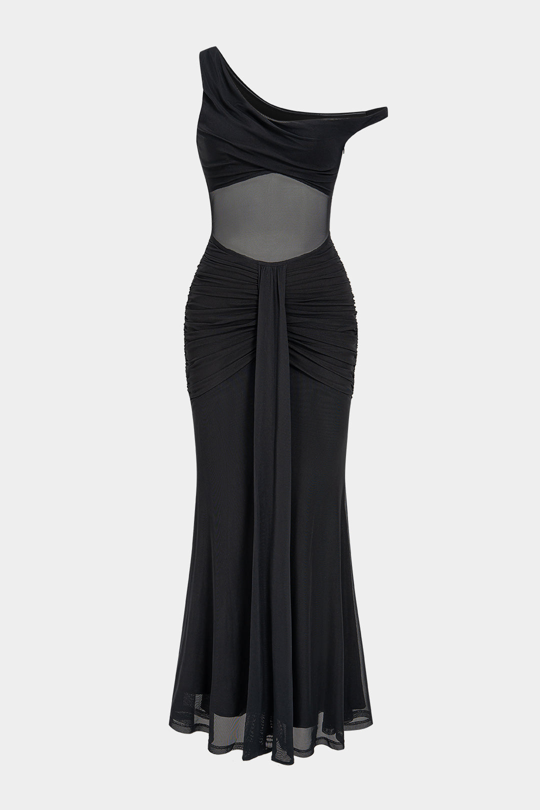 Patchwork Mesh One Shoulder Ruched Sleeveless Maxi Dress
