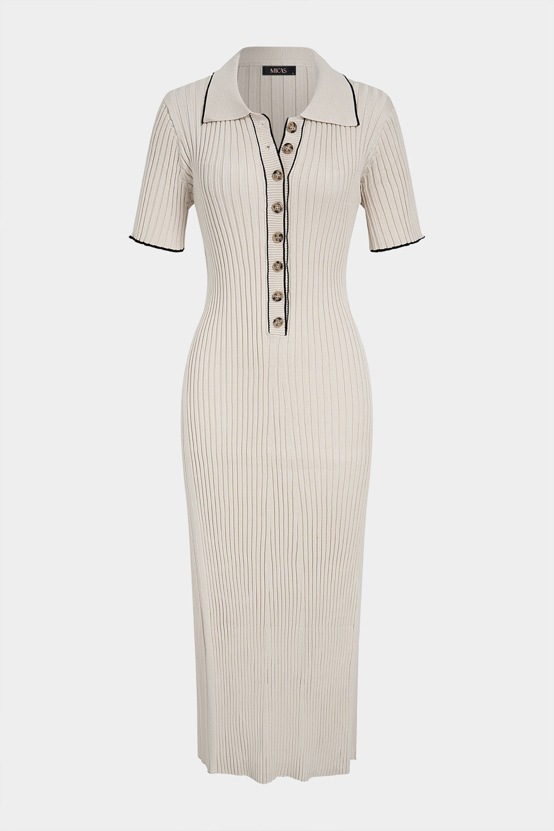 Knit Conrast Trim Button Ribbed Short Sleeve Maxi Dress
