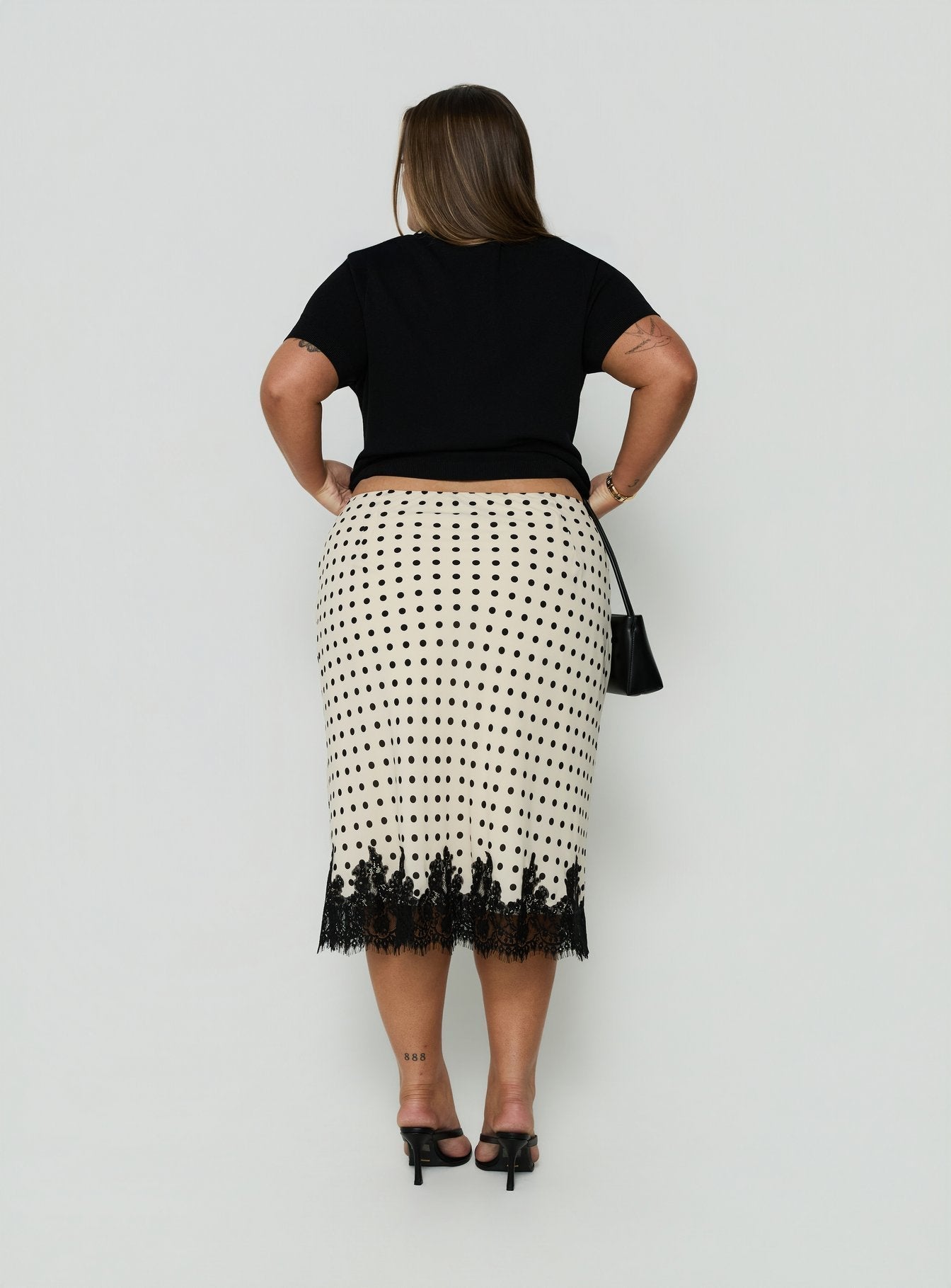 Downtown Scene Lace Trim Maxi Skirt Cream Polka Curve