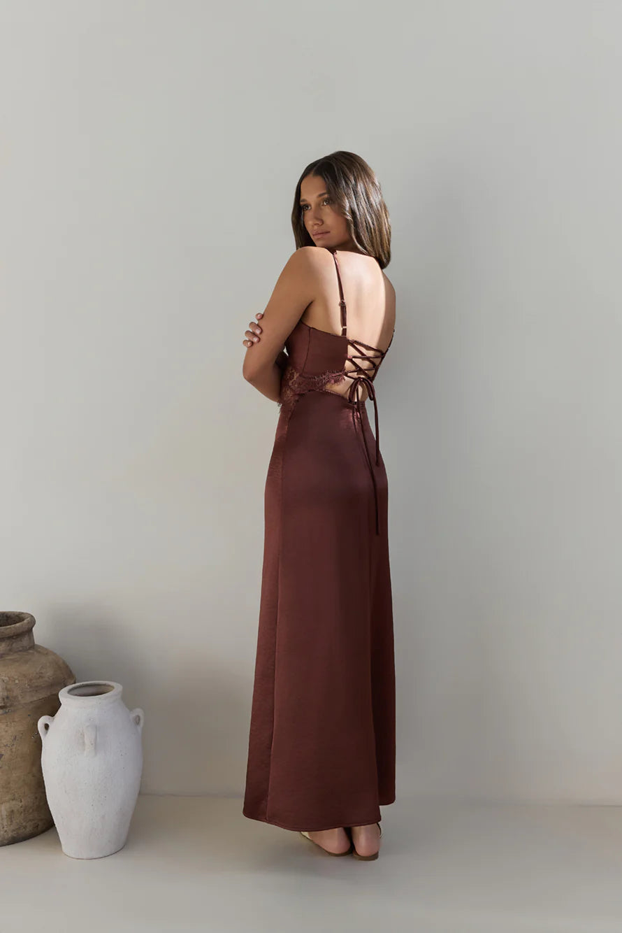 Romantic One Satin Maxi Dress Brown