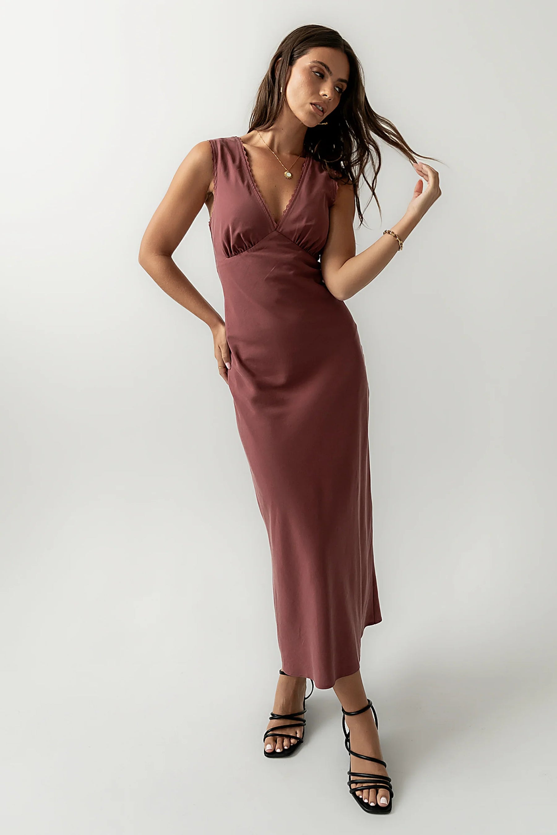 Hailey Lace Trim Maxi Dress in Marsala