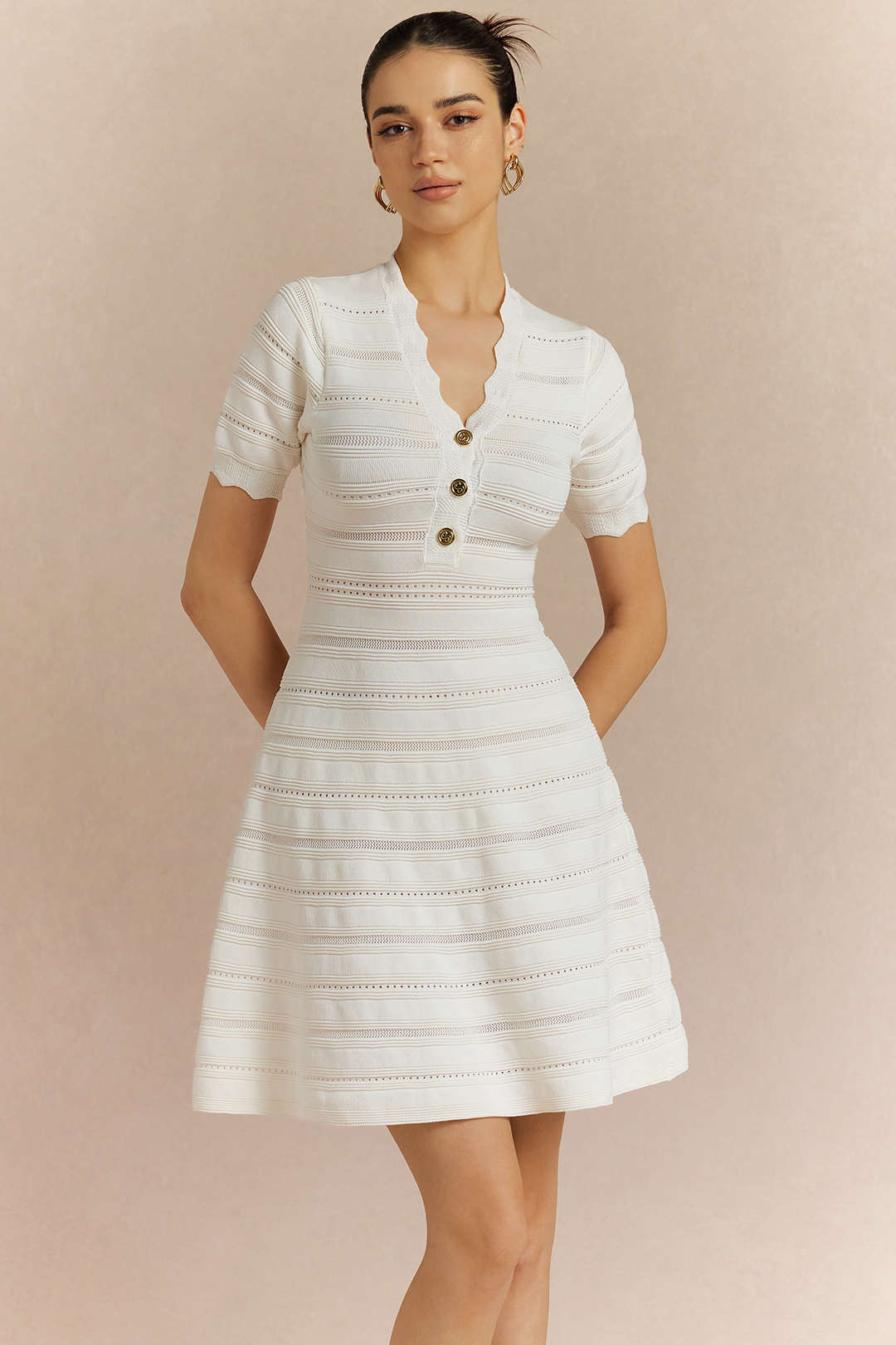 V-Neck Cut Out Metallic Button Short Sleeve Mini Dress