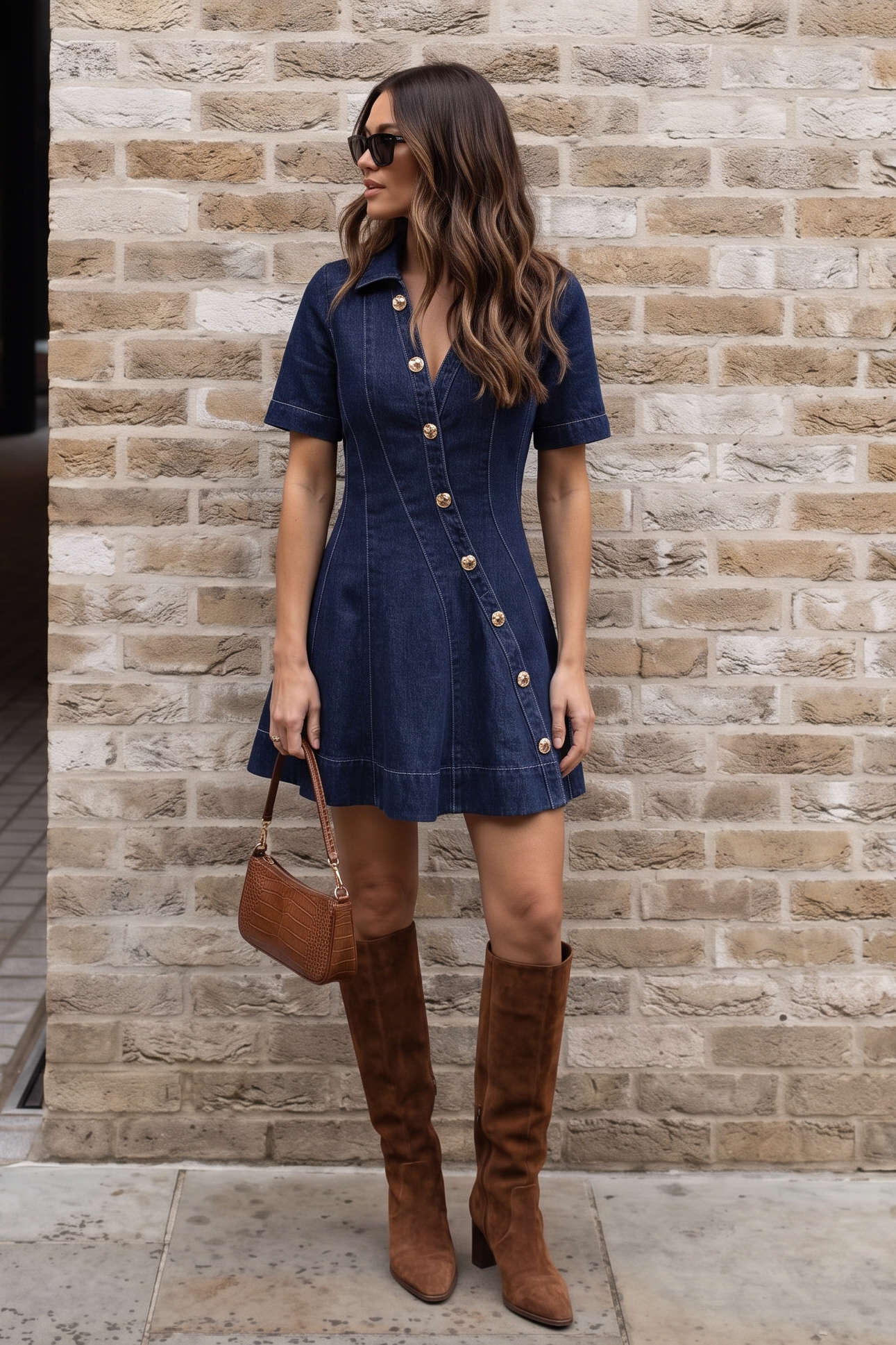 Denim V-Neck Asymmetrical  Button Stitching Short Sleeve Mini Dress