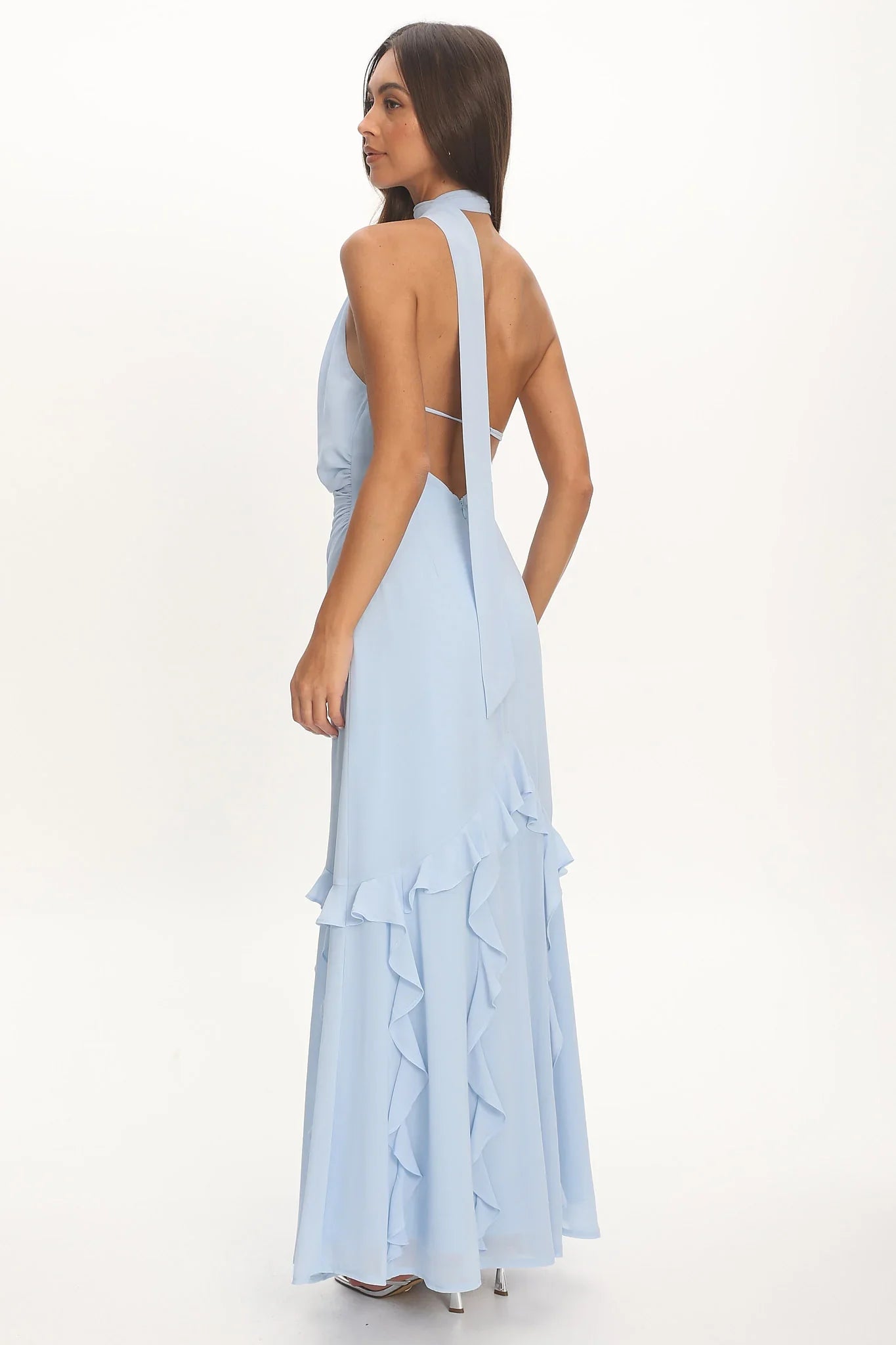 Lorielle One-Shoulder Ruffle Trim Maxi Dress Blue