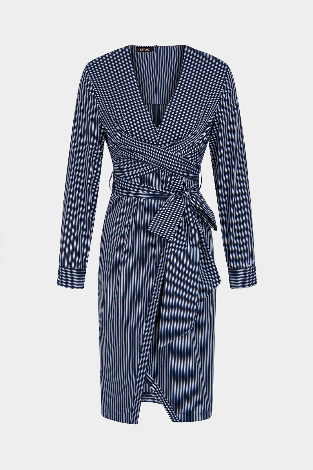 Stripes Print Crossed Knotted Long Sleeve Midi Dress