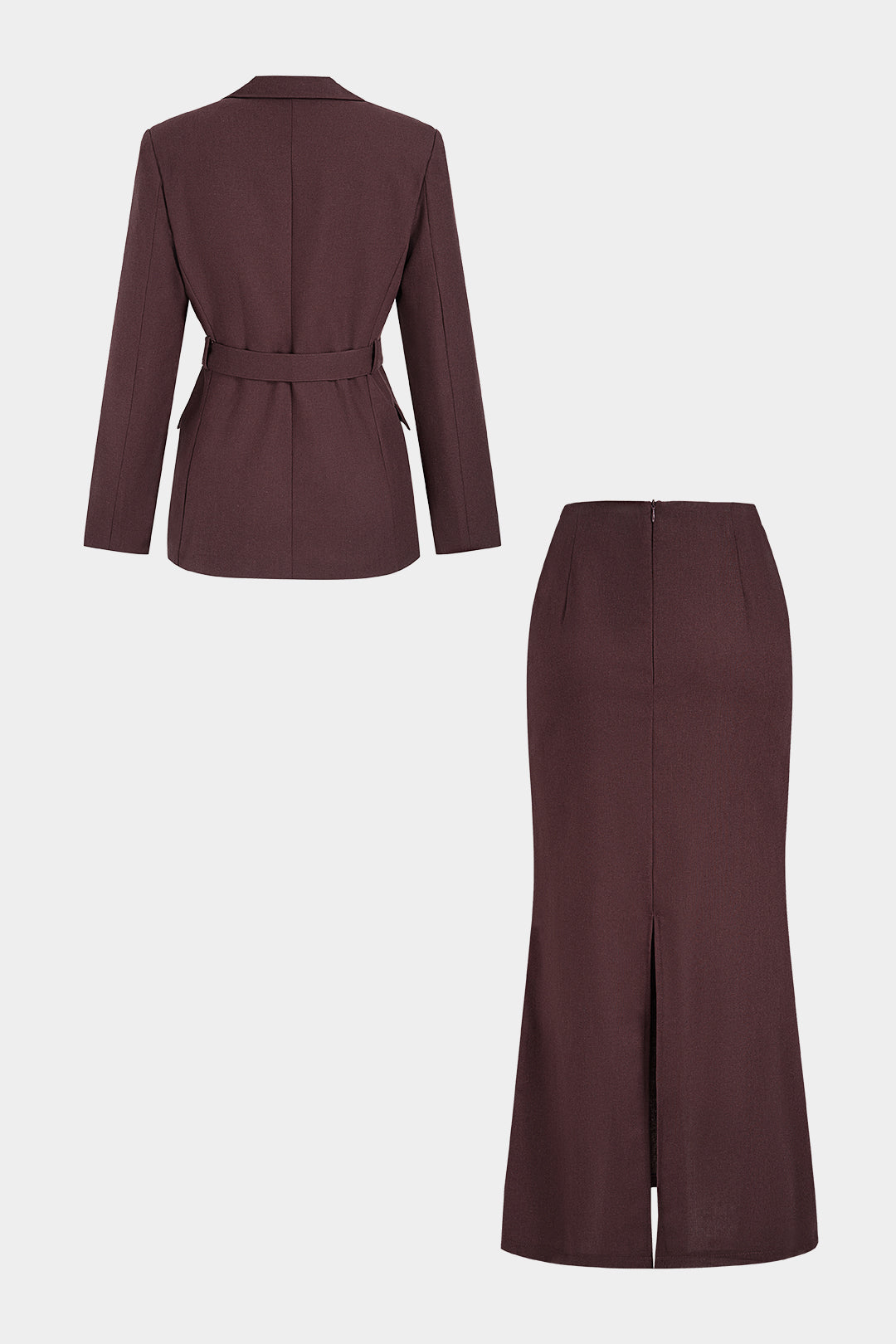Notched Lapel Belted Pocket Blazer And Skirt Set