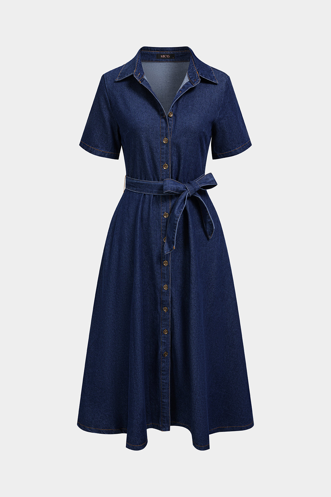 Denim V-Neck Belted Short Sleeve Maxi Dress