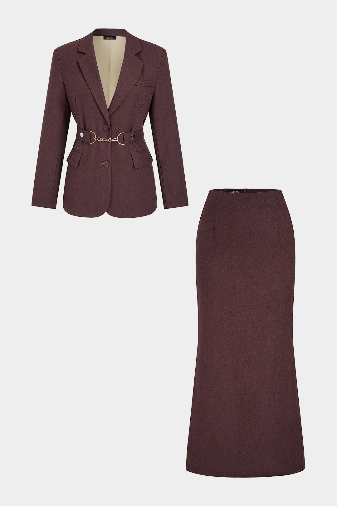 Notched Lapel Belted Pocket Blazer And Skirt Set