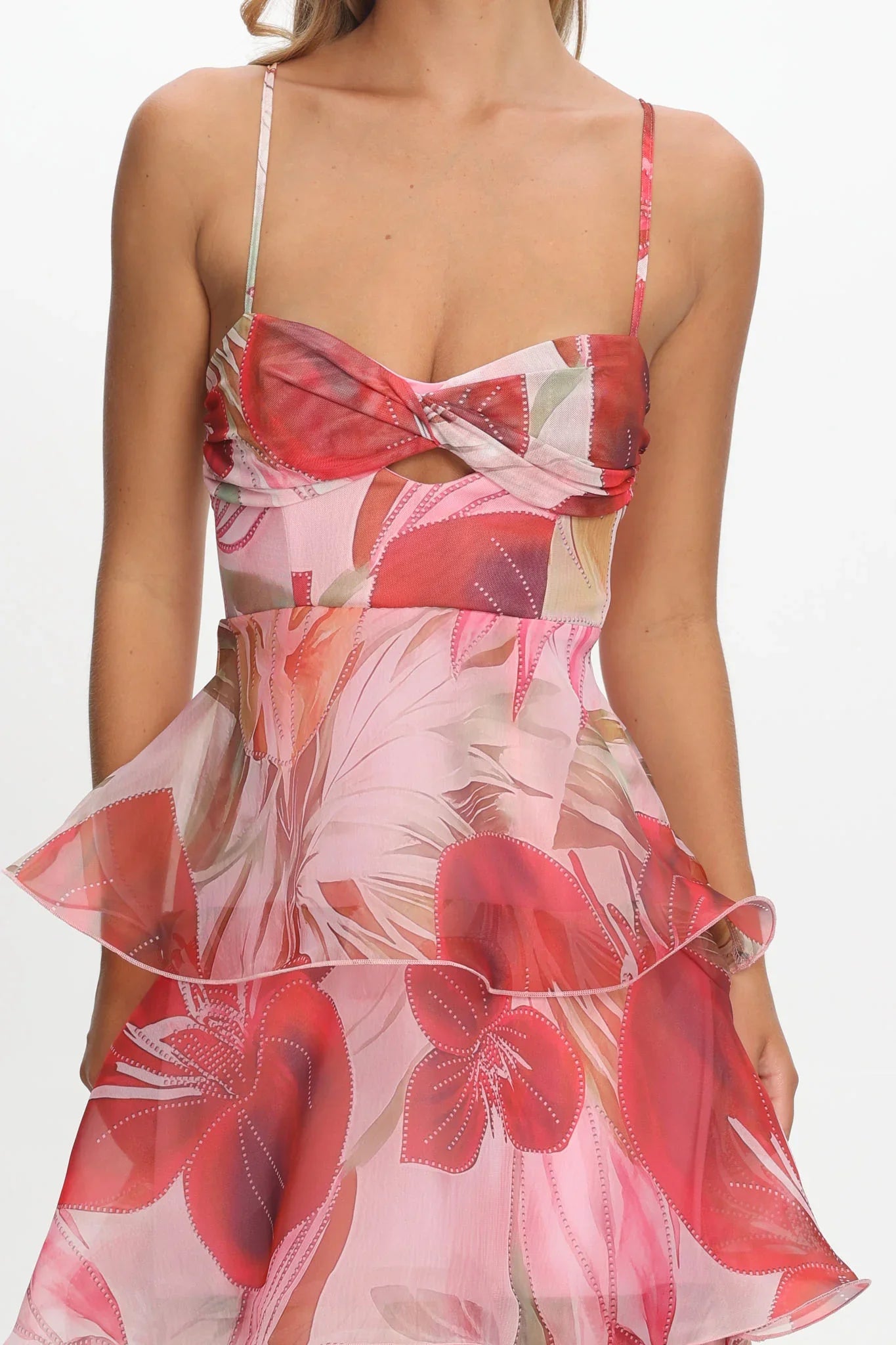Varenna Layered Sweetheart Neckline Maxi Dress Print Red