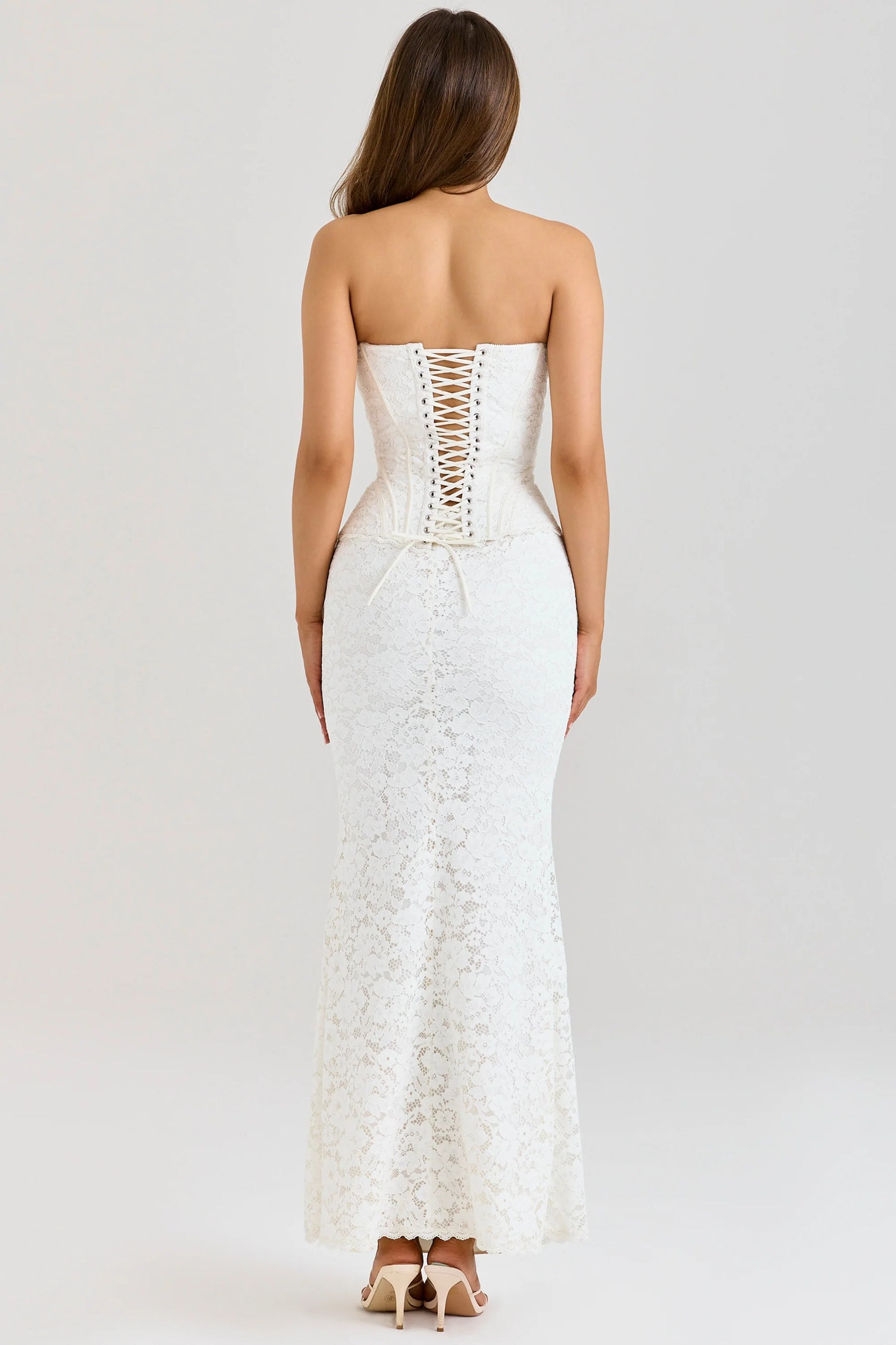 ivory lace corset maxi dress