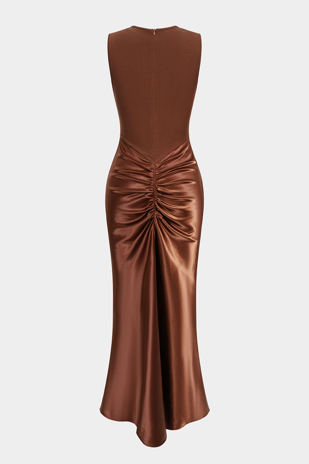 Satin Patchwork Round Neck Ruched Sleeveless Maxi Dress