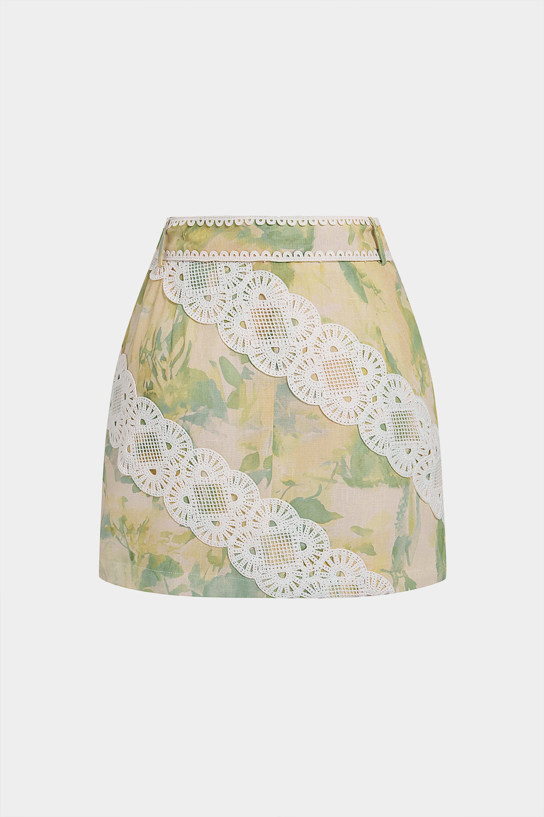 Watercolor Floral Print Applique Belted Mini Skirt