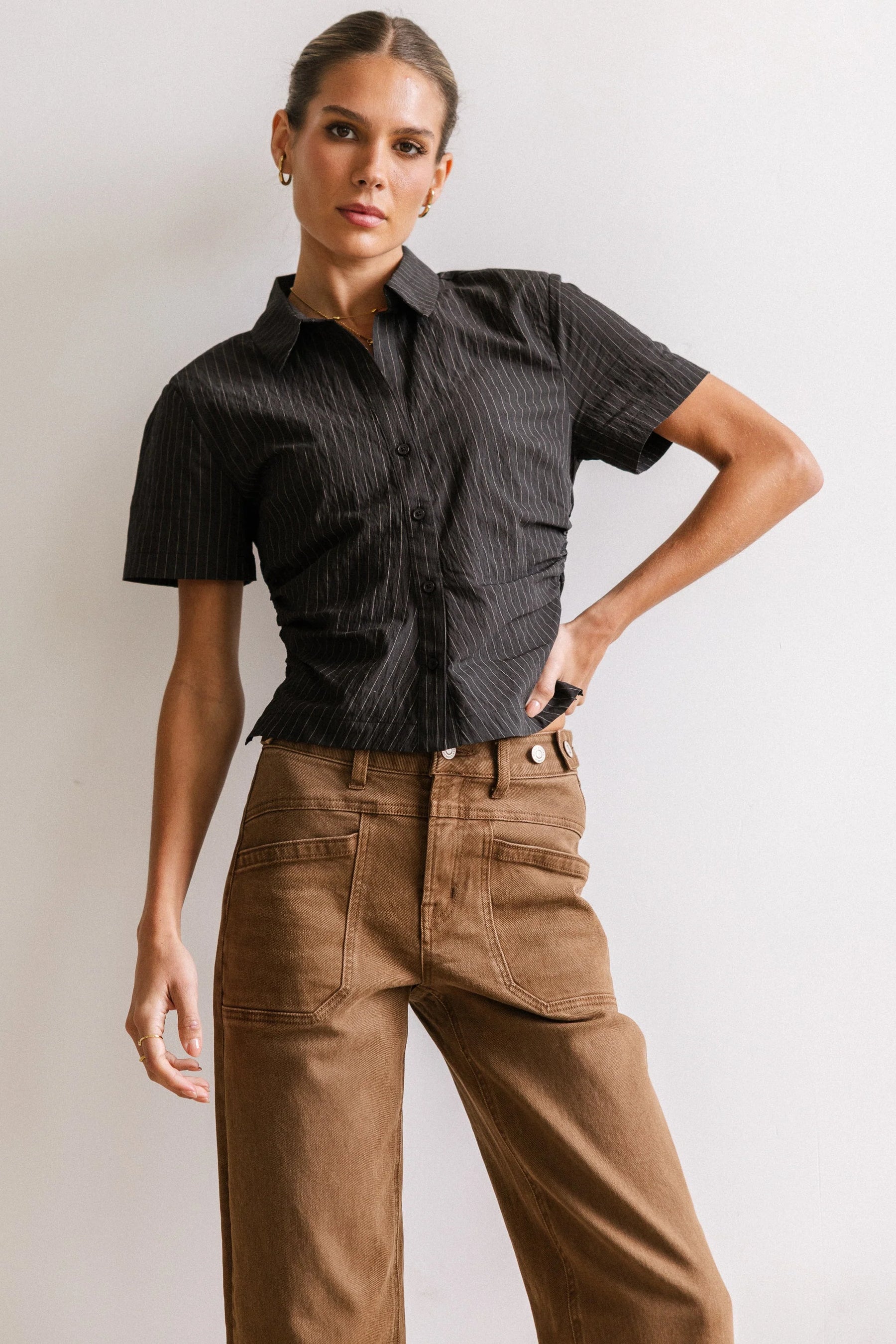 Brandy Ruched Button Up in Black