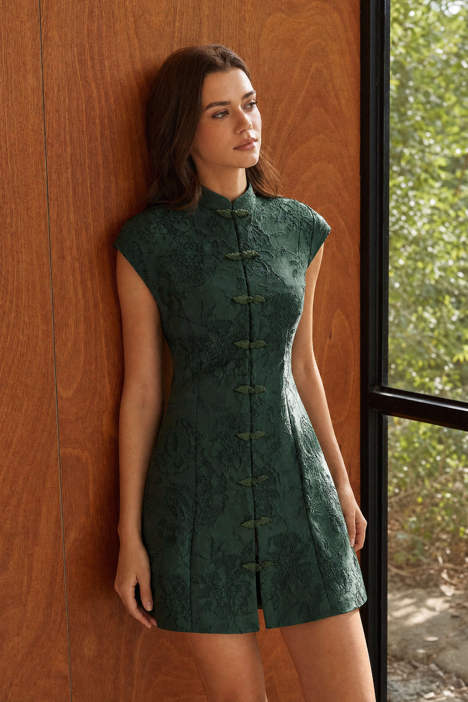 Jacquard Frog Button Sleeveless Mini Dress