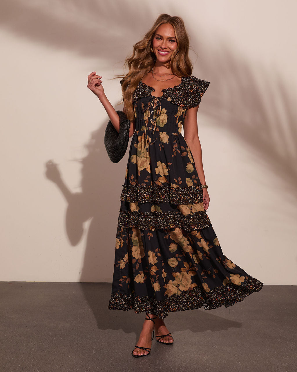 Petal Path Floral Lace Up Corset Tiered Midi Dress