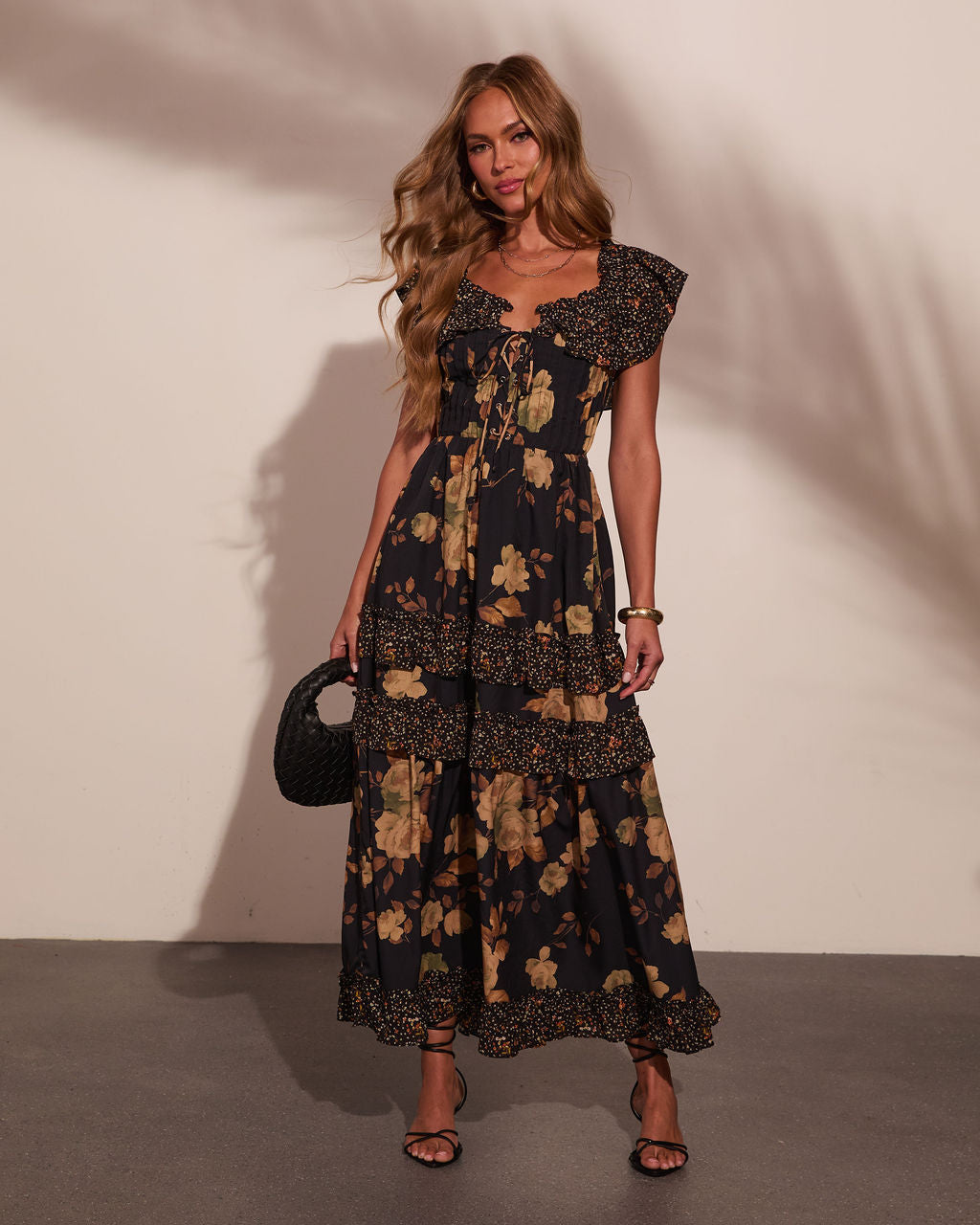 Petal Path Floral Lace Up Corset Tiered Midi Dress
