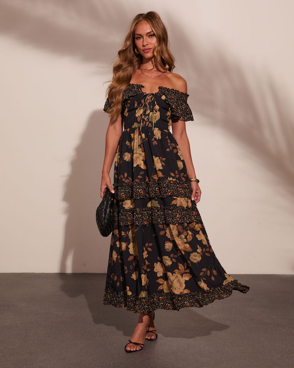 Petal Path Floral Lace Up Corset Tiered Midi Dress