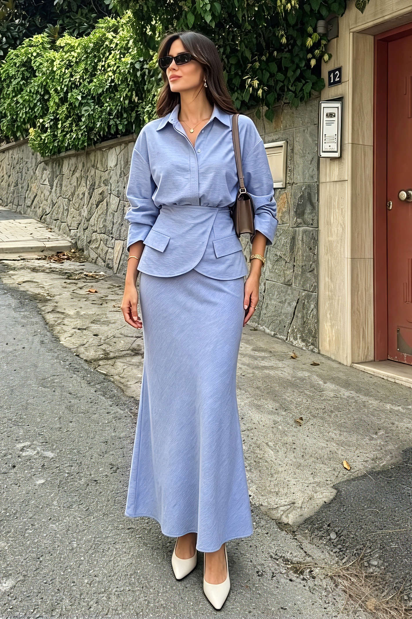 Lapel Long Sleeve Shirt And Wrap Skirt Set