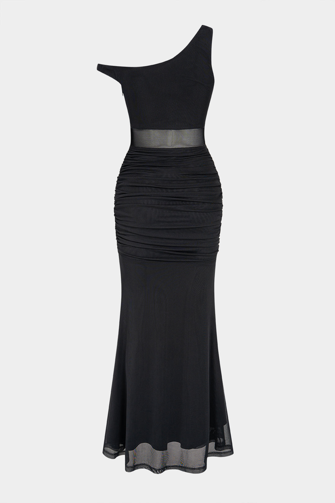 Patchwork Mesh One Shoulder Ruched Sleeveless Maxi Dress