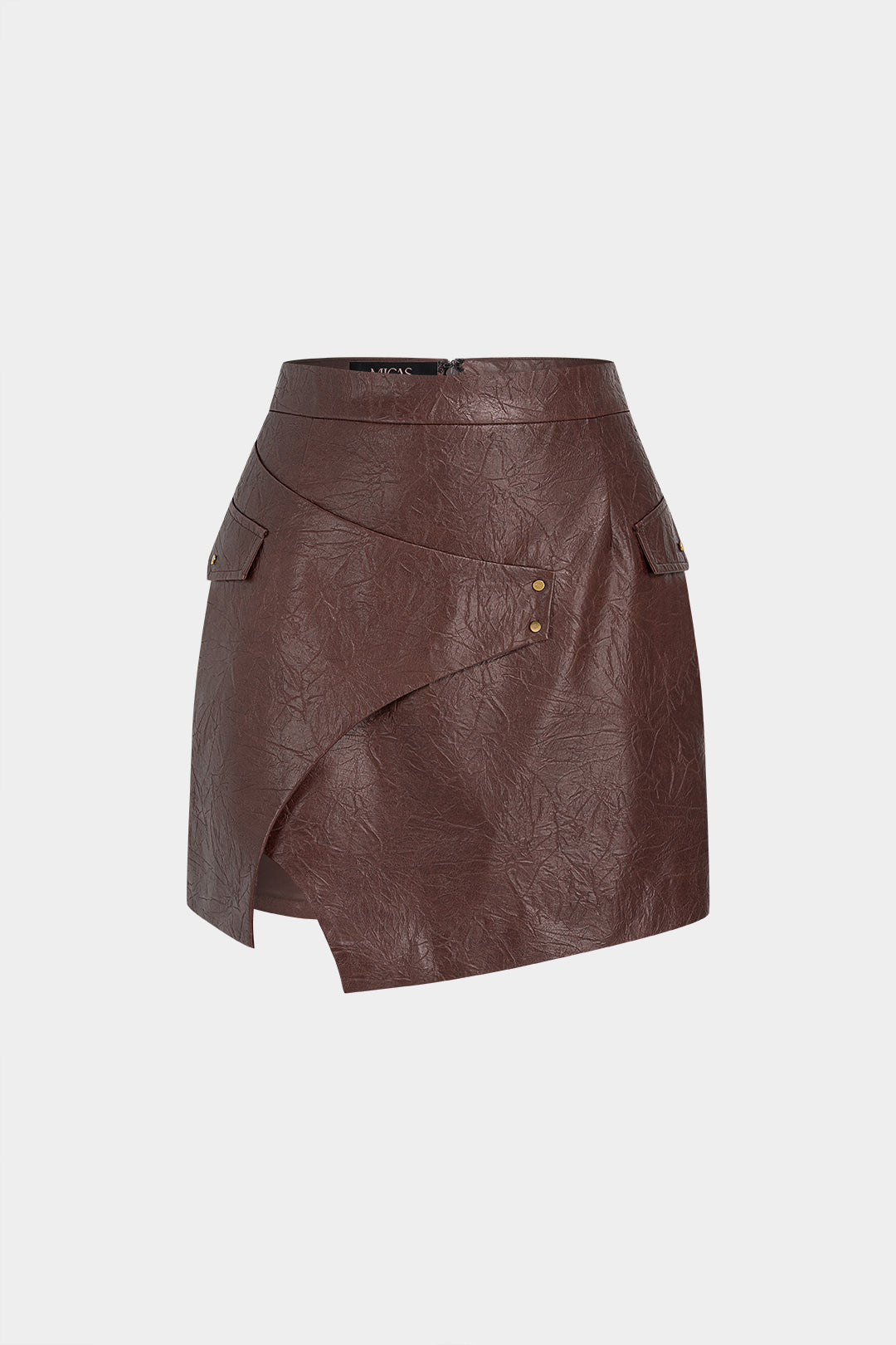 Faux Leather Metallic Asymmetrical Fake Pocket Skirt
