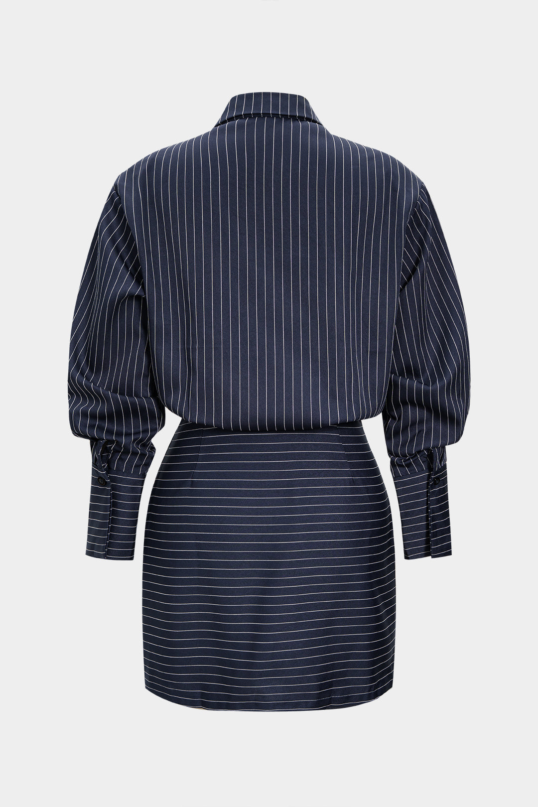 Stripes Print Pleated Ruched Shoulder Pads Long Sleeve Mini Dress