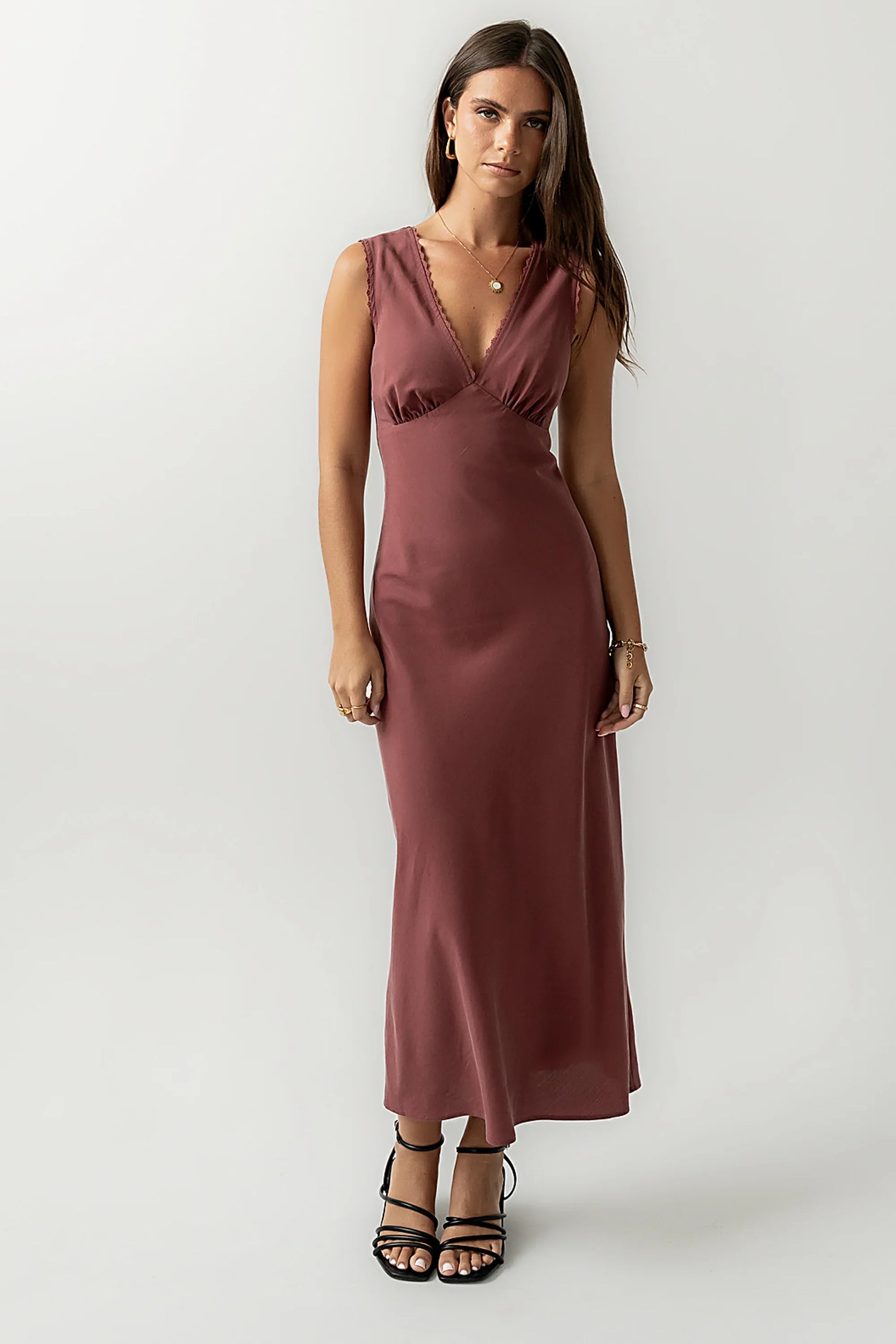 Hailey Lace Trim Maxi Dress in Marsala