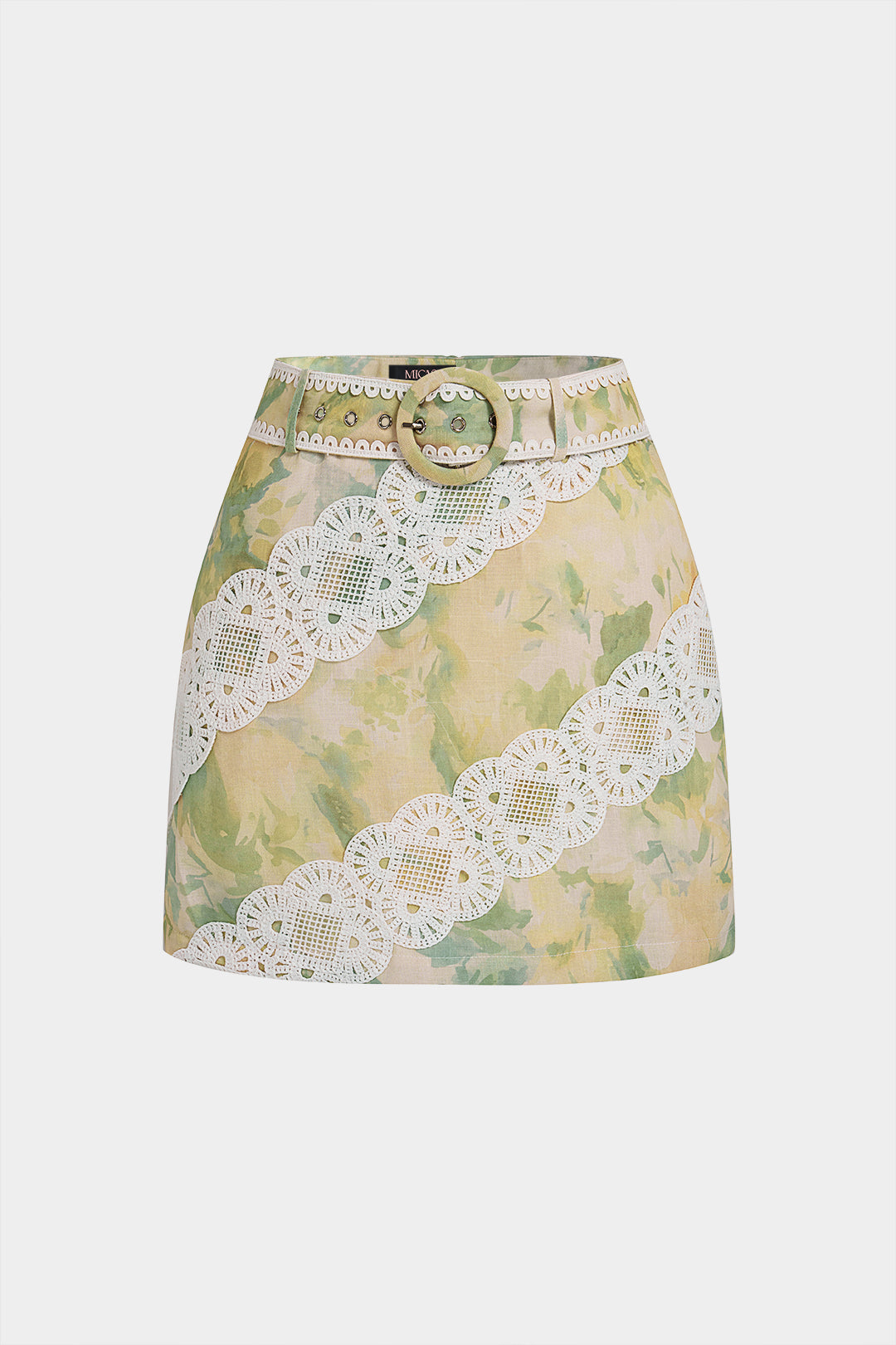 Watercolor Floral Print Applique Belted Mini Skirt