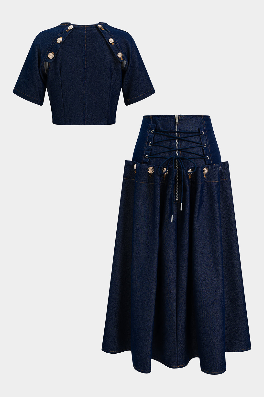Denim Metallic Button Short Sleeve Top  And Tie-Up Skirt Set