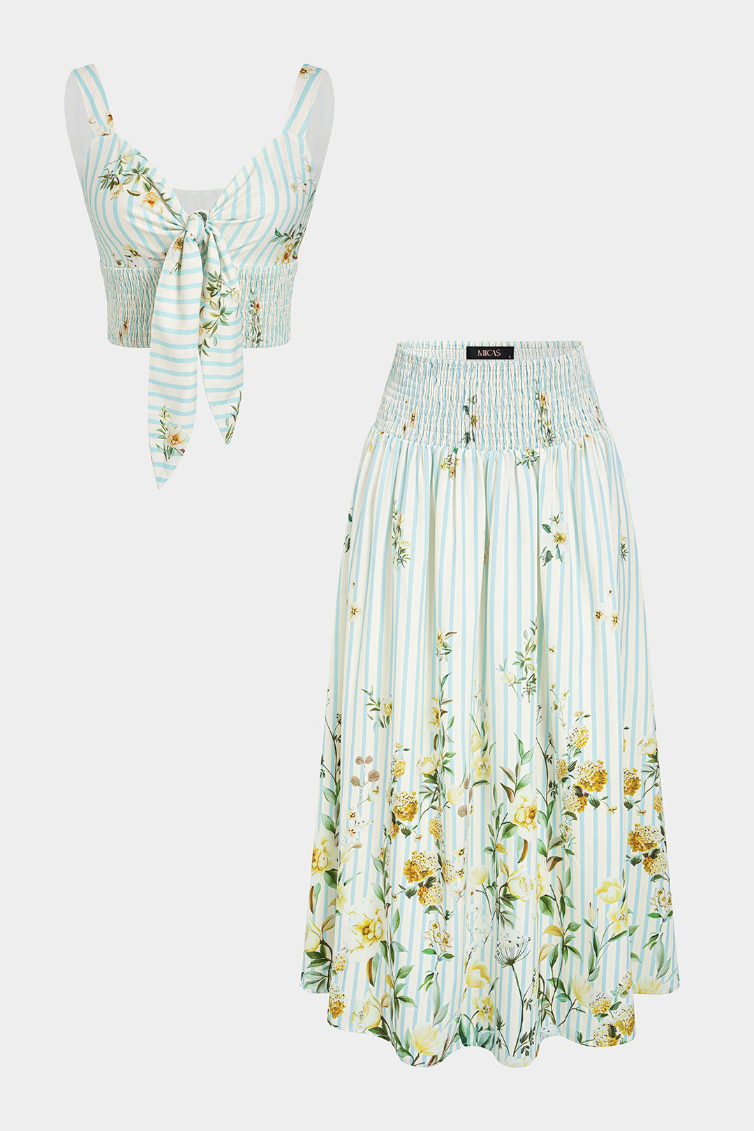 Floral Print Tie Front Ruched Tank Top And Smocked Skirt Set
