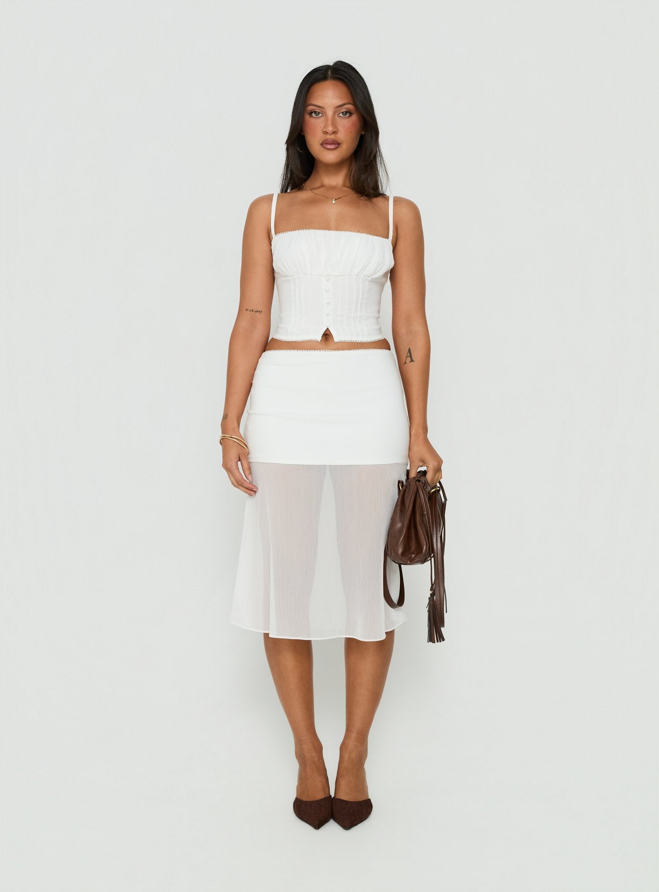Camy Sheer Panelled Midi Skirt White