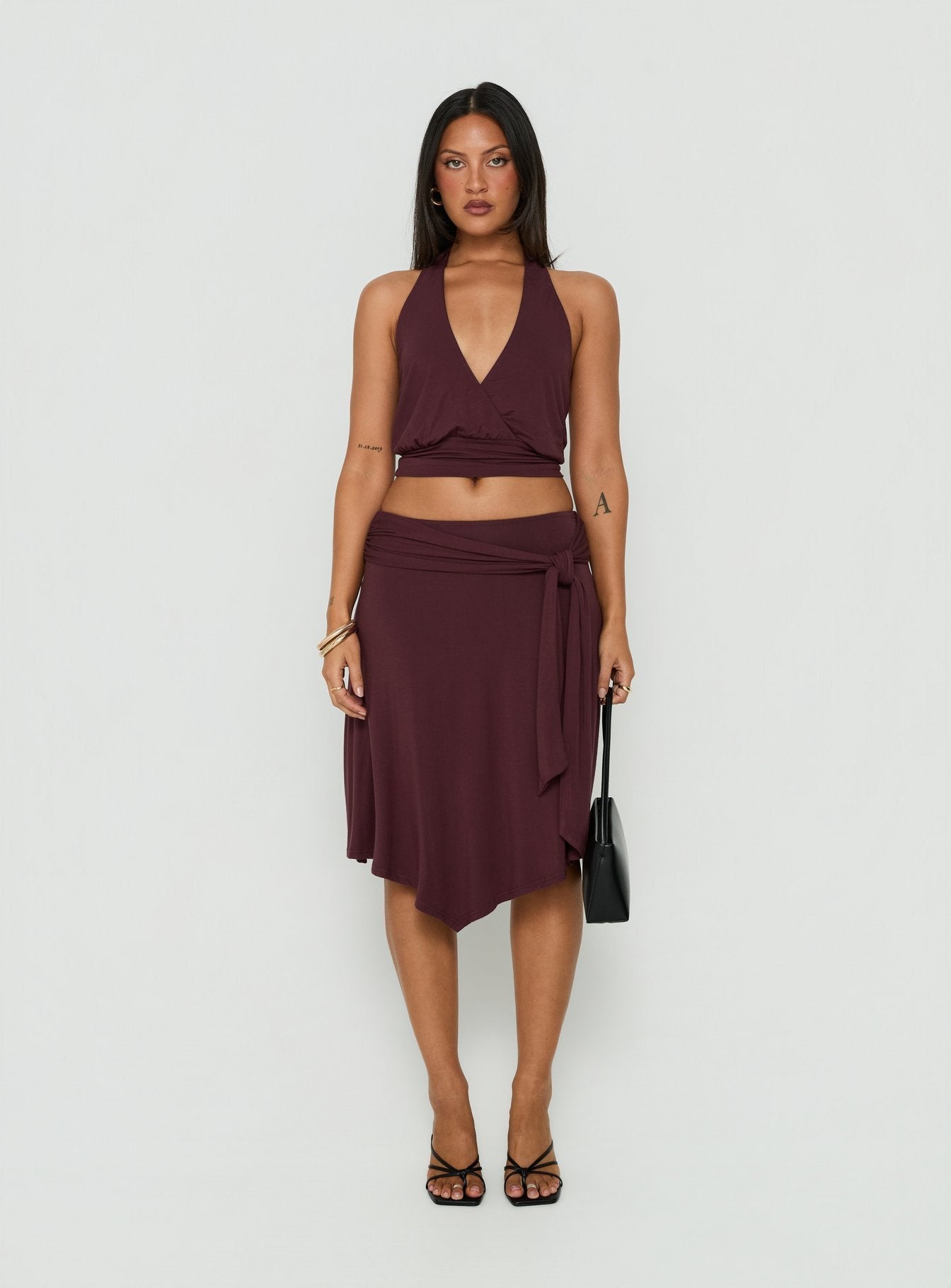 Soft Focus Tie Waist Midi Skirt Plum Noir