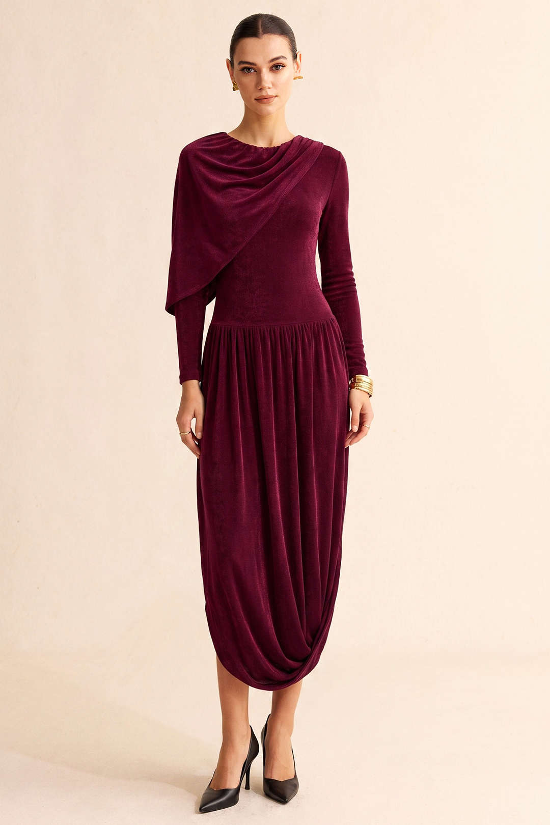 Asymmetrical Ruched Round Neck Long Sleeve Maxi Dress