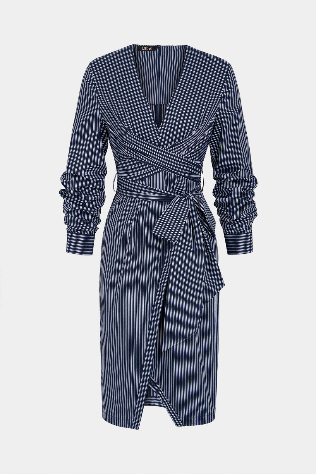 Stripes Print Crossed Knotted Long Sleeve Midi Dress