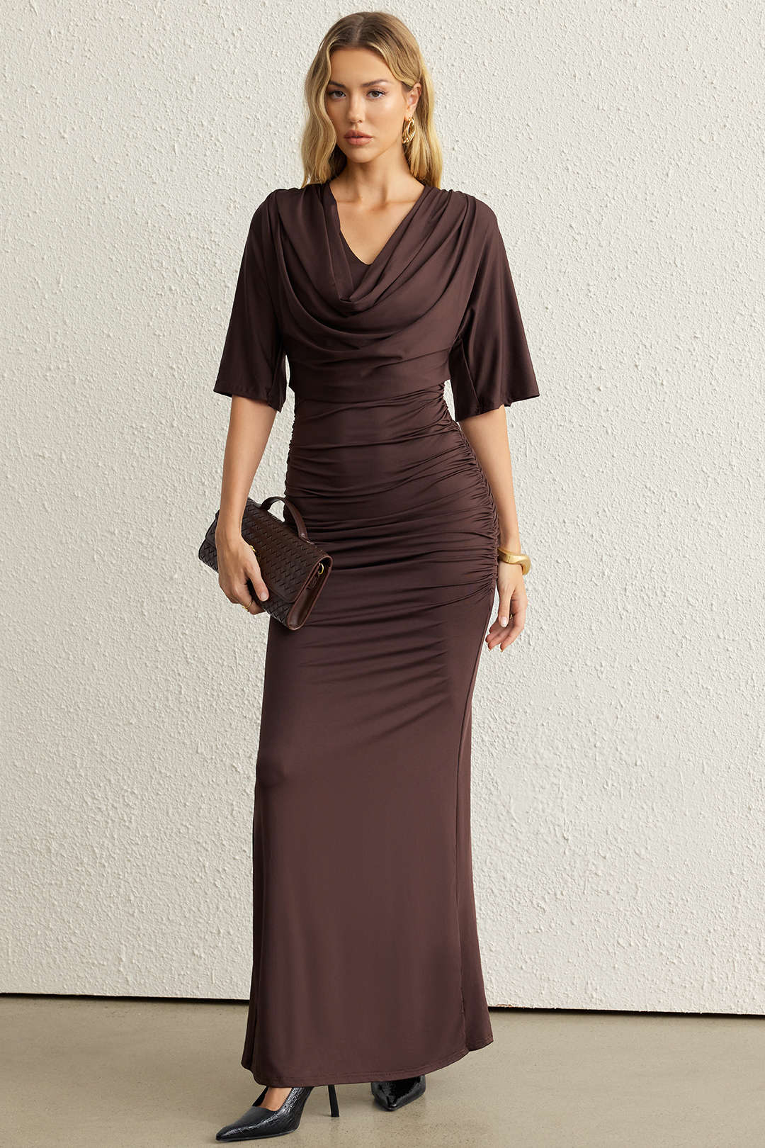 Draped Cowl Neck Short Sleeve Maxi Dress